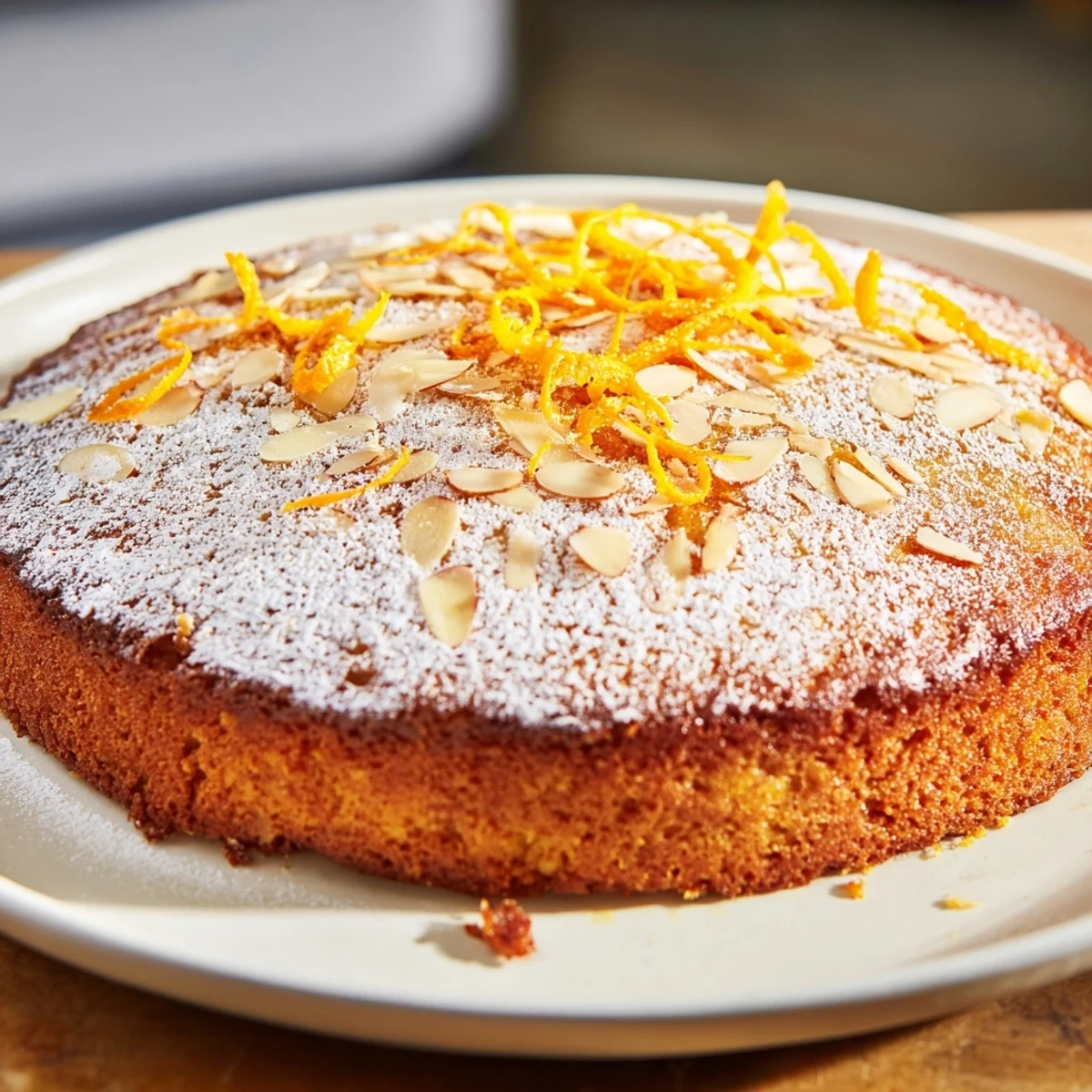 A slice of Zesty Orange and Almond Cake with a bright, citrusy aroma and almond texture.
