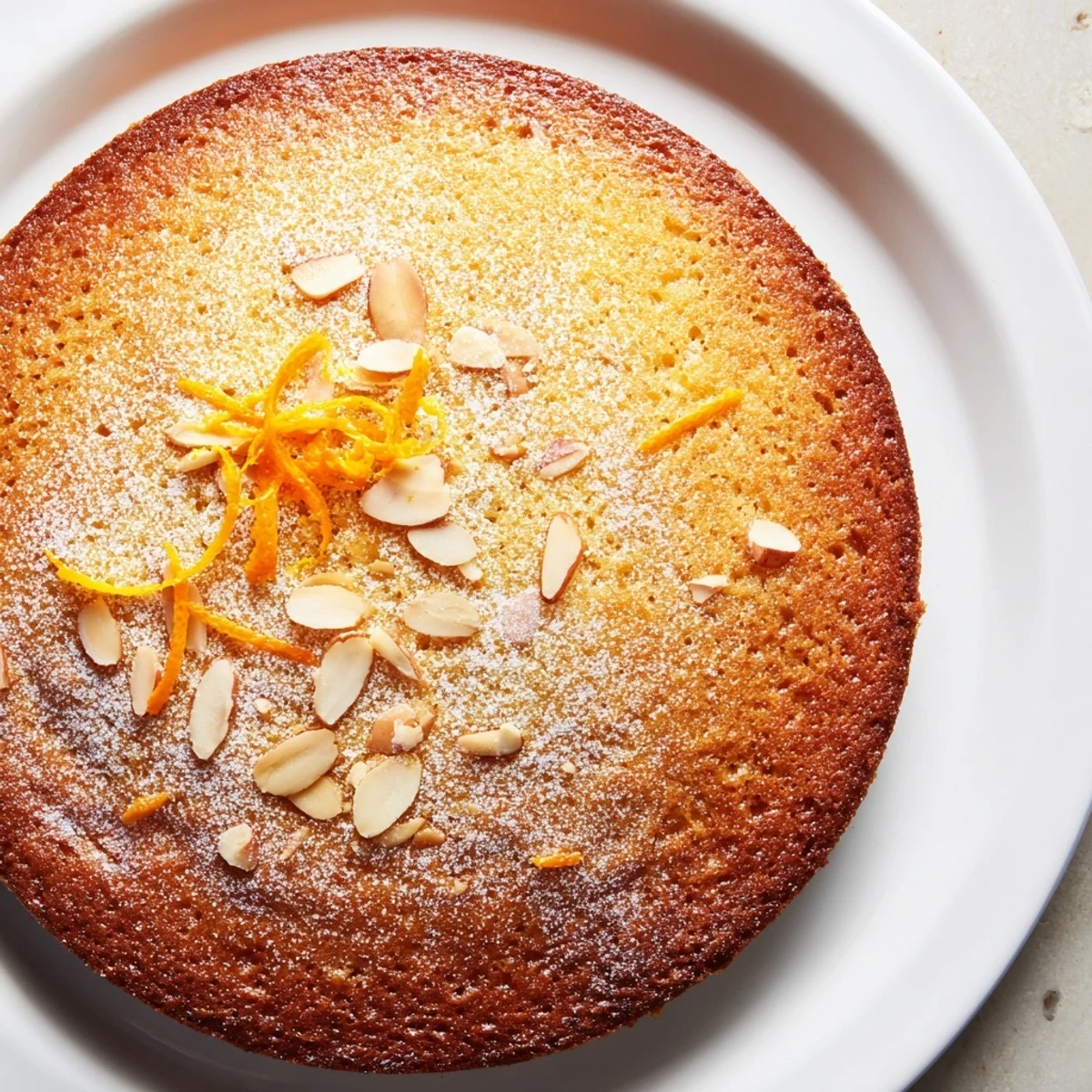 Freshly baked Zesty Orange and Almond Cake, featuring a golden crust and a beautiful, rustic top.