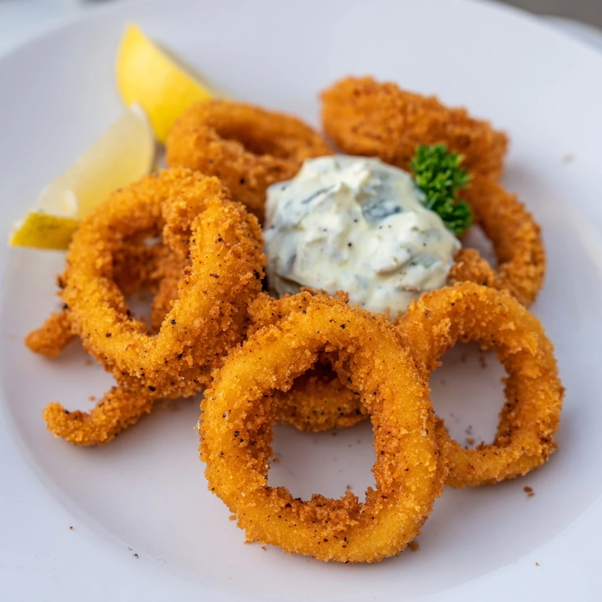 Golden, crispy calamari rings and tentacles, served with a creamy tartar sauce, perfect appetizer.