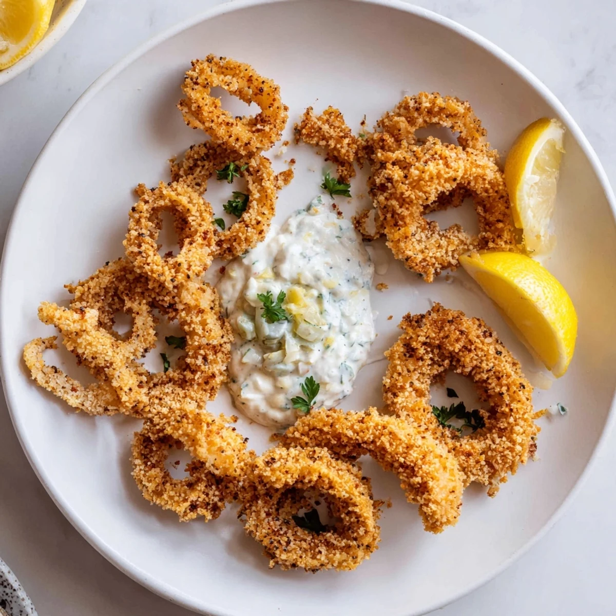 A close-up of perfectly fried crispy calamari, a Mediterranean delight, ready to be enjoyed.