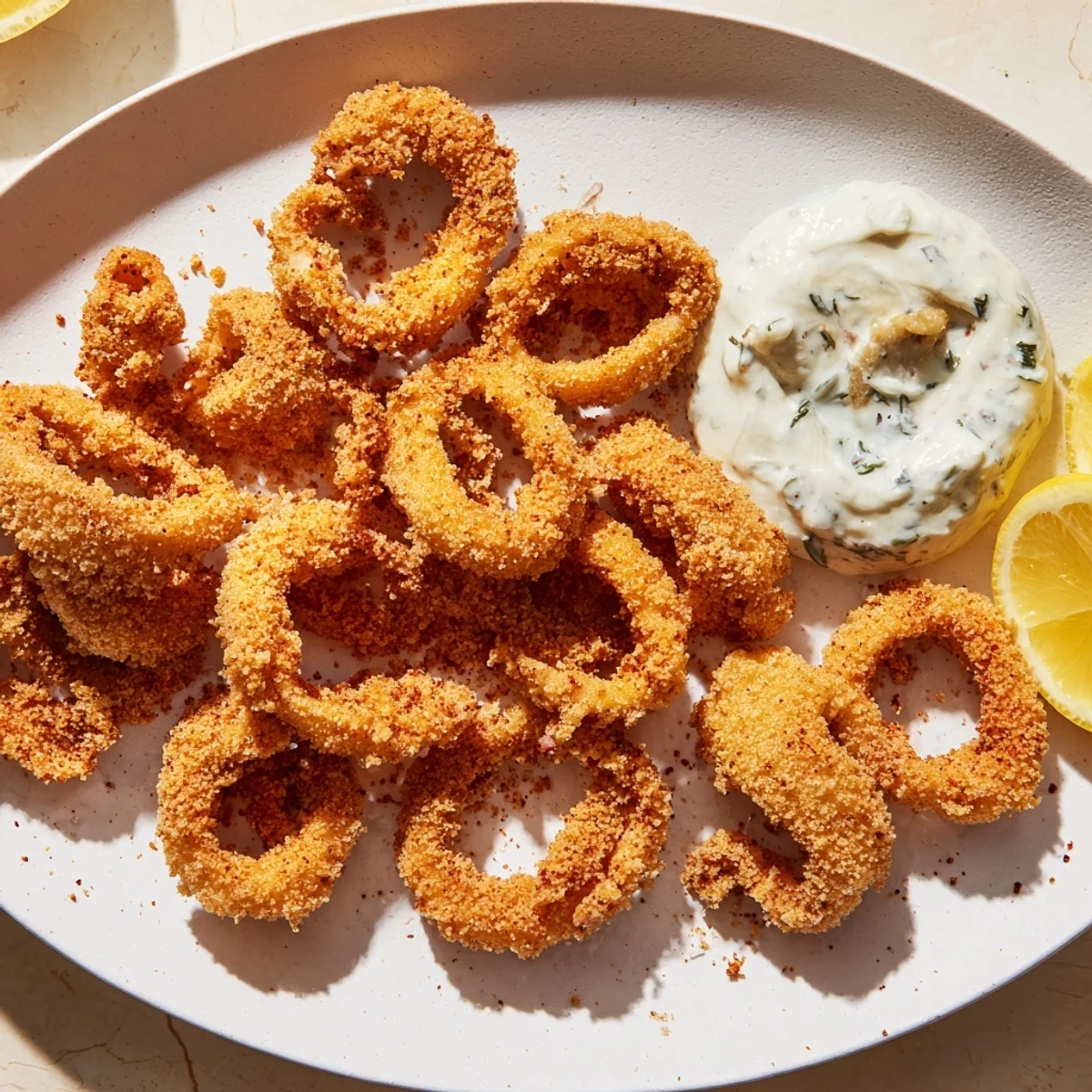 Enjoy a plate of flavorful crispy calamari, alongside cool tartar sauce for dipping pleasure.