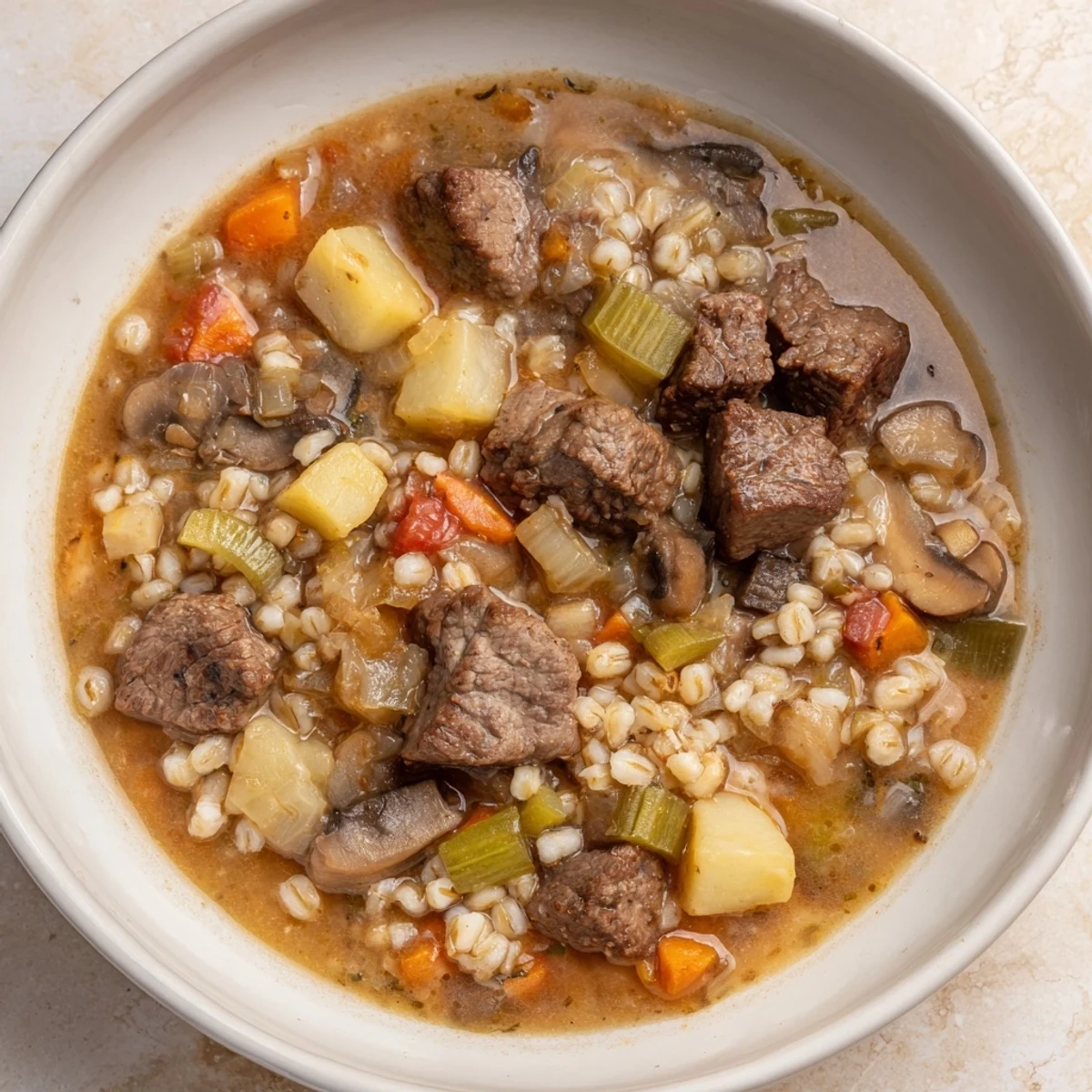 Tender beef and vegetables simmer in a thick broth, showcasing Hearty Beef and Barley Soup.