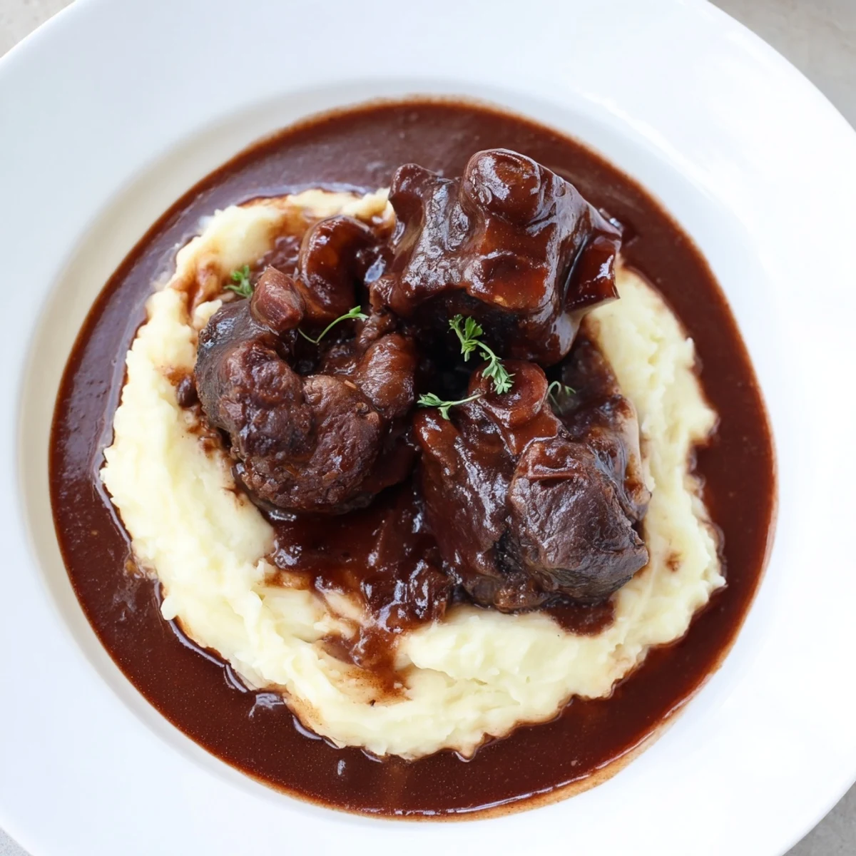 Tender Braised Oxtail, falling off the bone, is served with creamy mashed potatoes, steaming.
