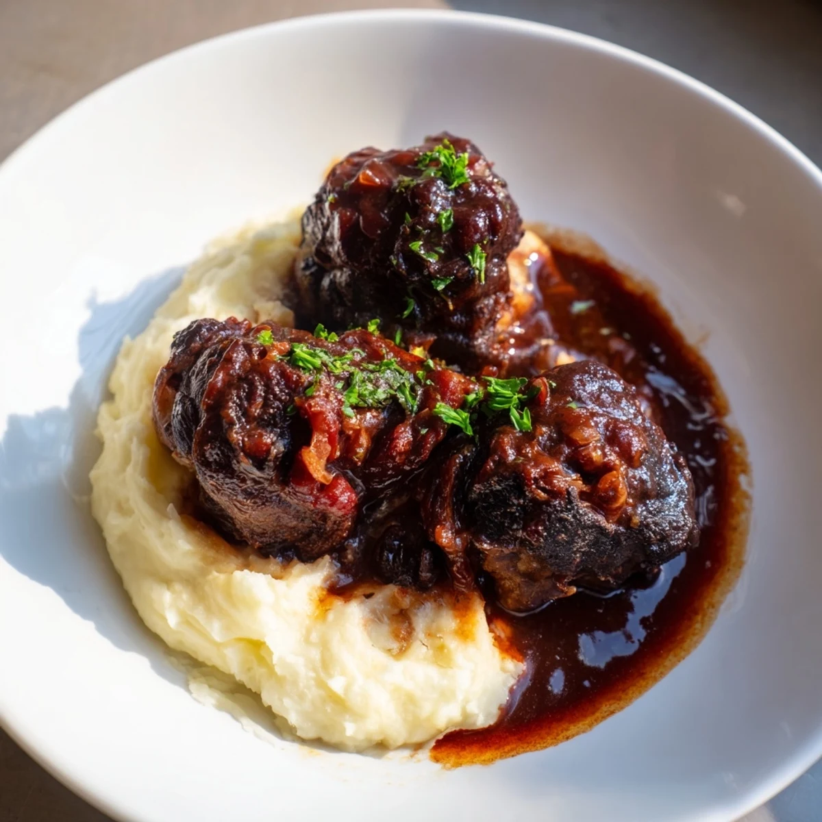 A close-up of hearty Braised Oxtail with vibrant sauce drizzled over fluffy mashed potatoes.