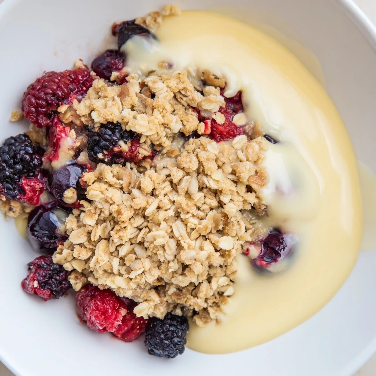 Warm Winter Berry Crumble with bubbling berries beneath a golden crumble topping, ready to serve.