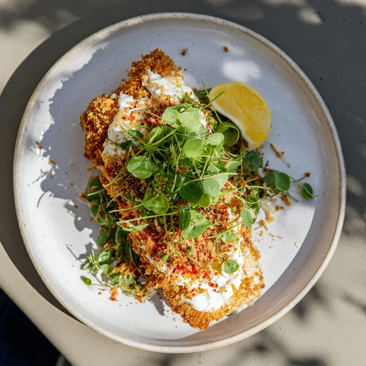 Close-up photo of flaky baked haddock, seasoned with herbs and served with lemon wedges.