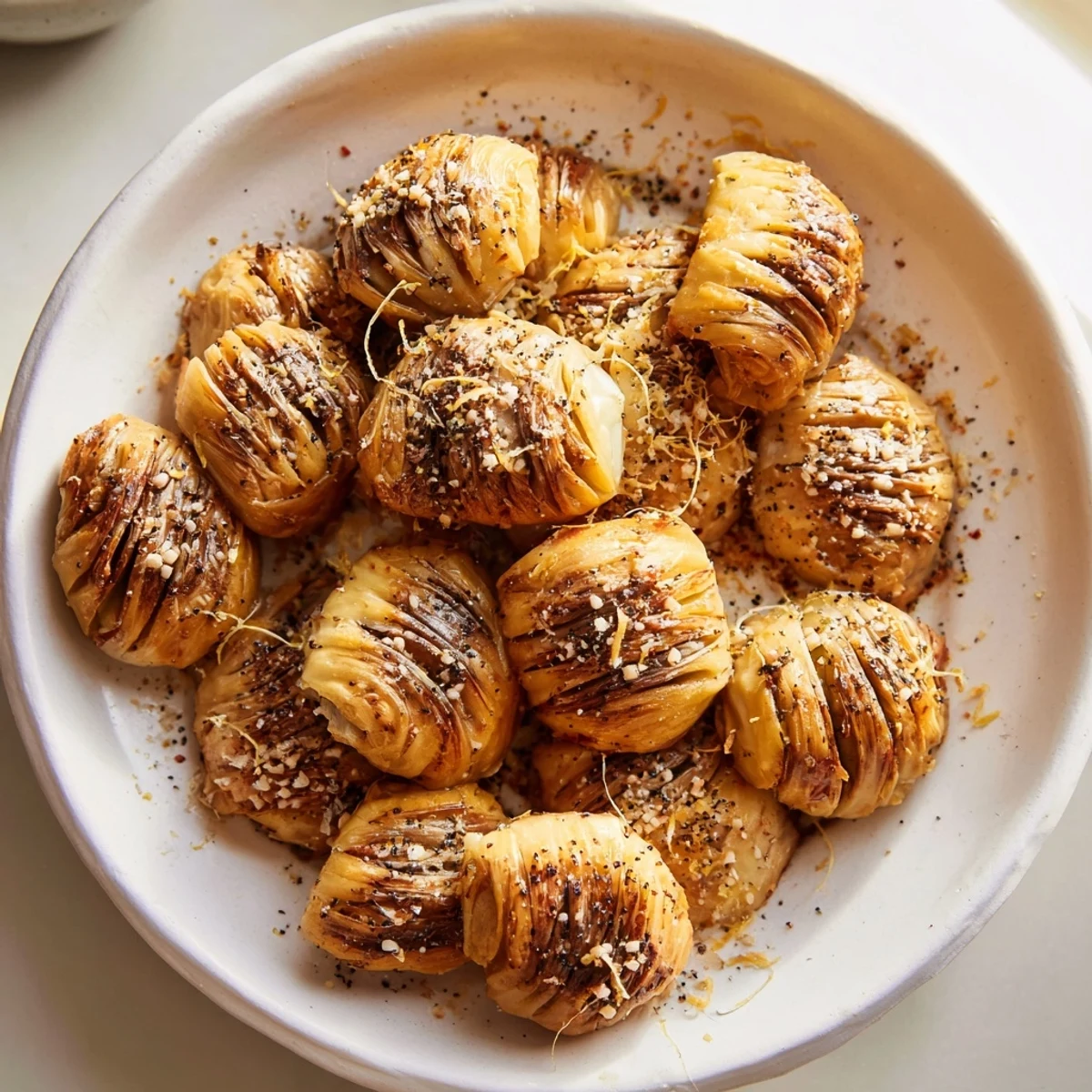 Golden-brown, crispy Roasted Sprouts, a perfect side dish with hints of garlic and pepper flavors.