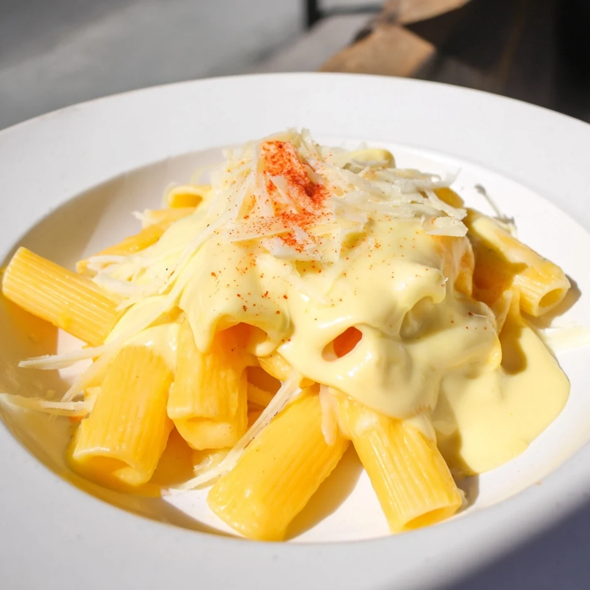 Golden, bubbling creamy cheese sauce streams over steamed broccoli florets in this image.