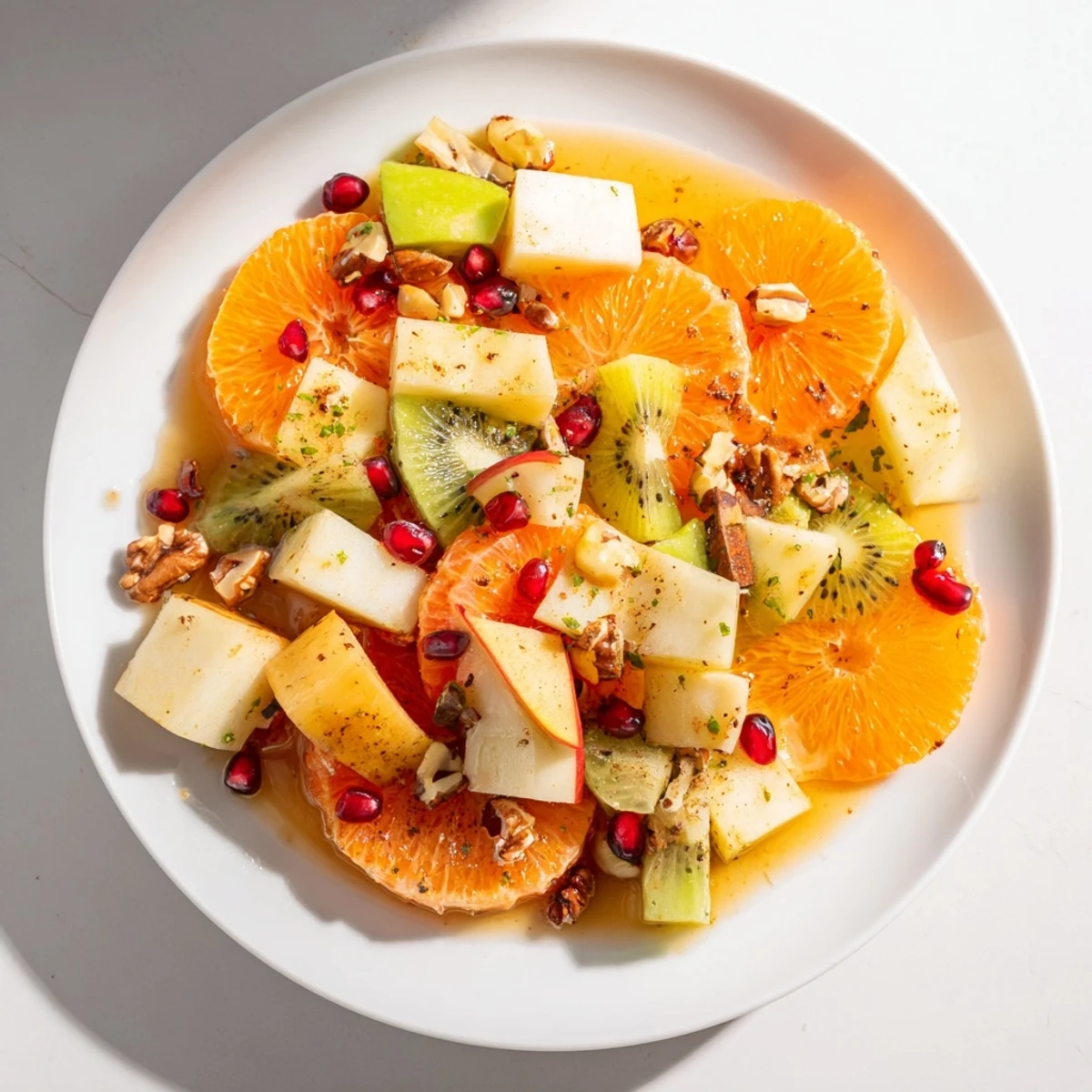 Vibrant winter fruit salad with oranges, apples, and pomegranate seeds drizzled with honey-citrus.