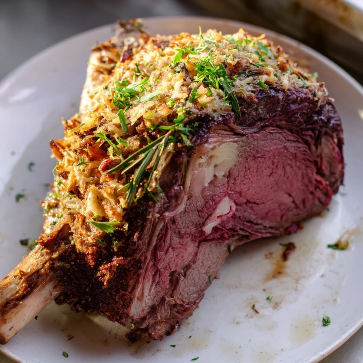 Golden-crusted slow roasted lamb, tender inside, served with savory pan juices and vegetables.