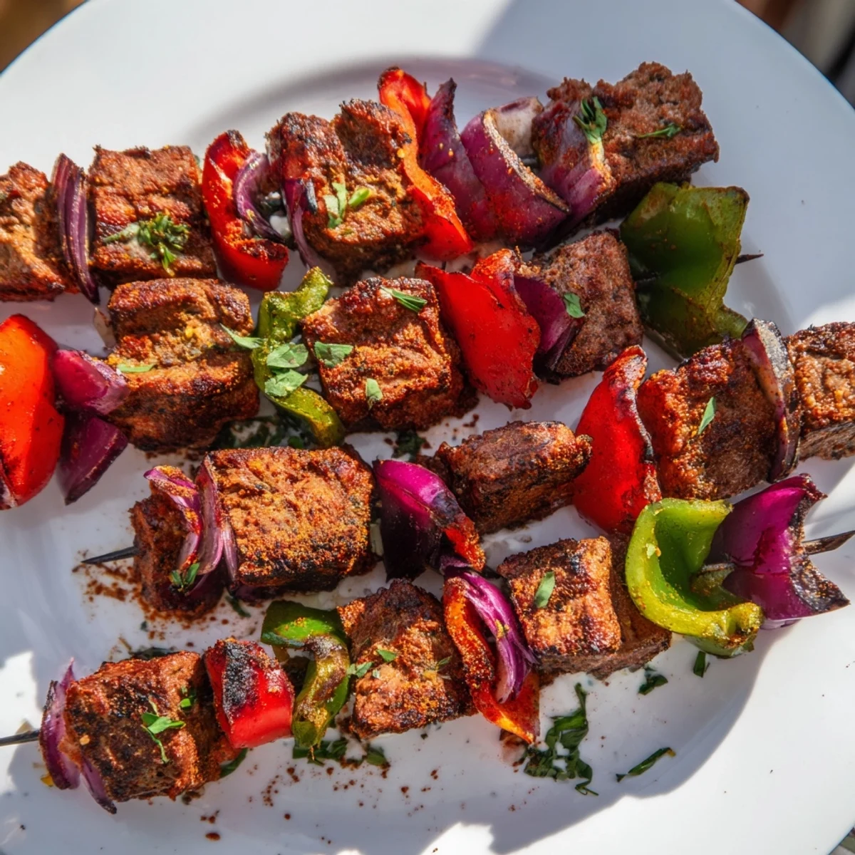 Golden-brown lamb kebabs glistening, served with fresh herbs, ready for a delicious dinner or summer cookout.
