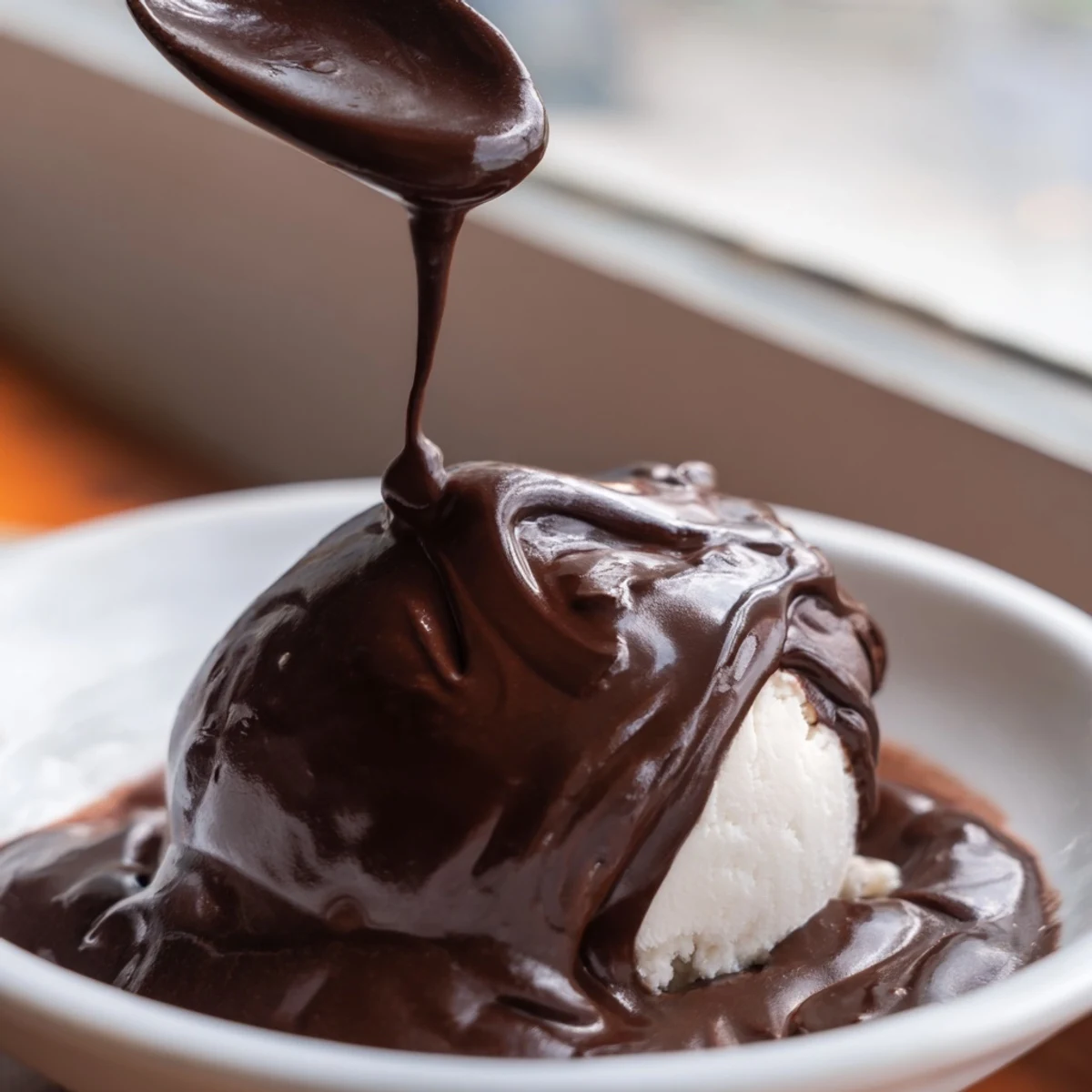 See this smooth, rich warm chocolate sauce, perfect for a decadent dessert topping today.