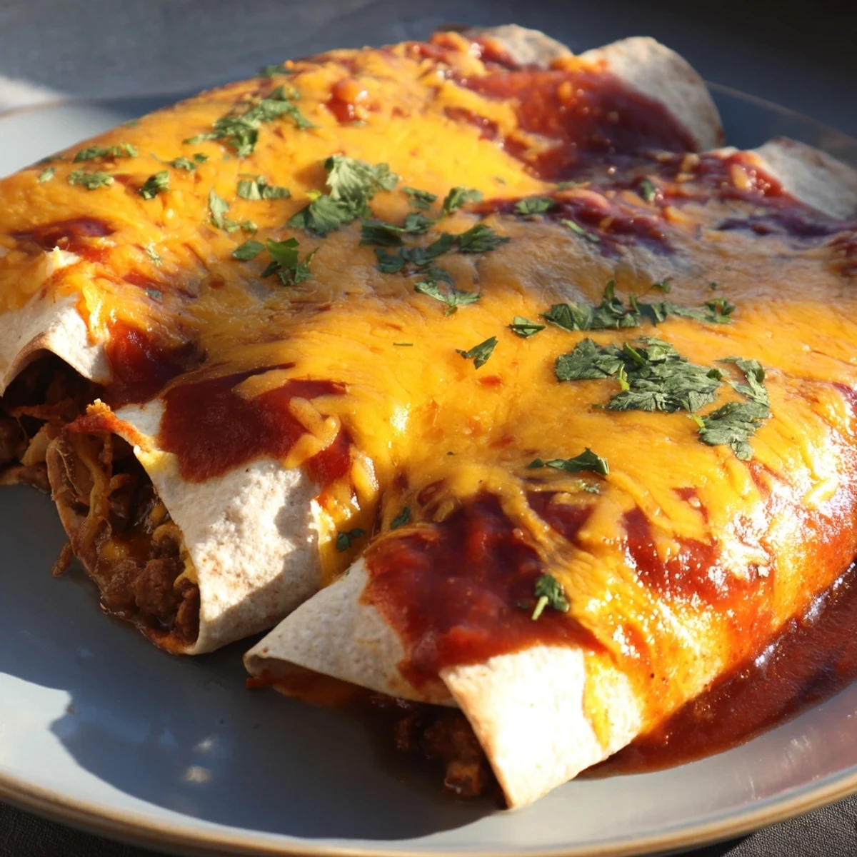 Golden, bubbly Beef Enchiladas with melted cheese, promising a savory, satisfying Tex-Mex dinner experience.