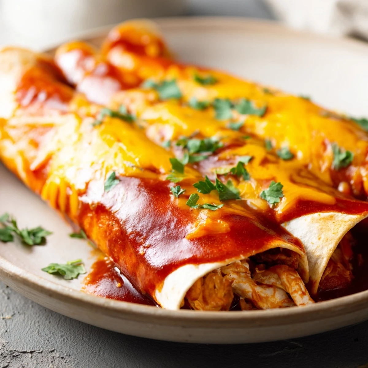 Homemade enchilada sauce coats warm Beef Enchiladas, topped with shredded cheese, ready to be served hot.
