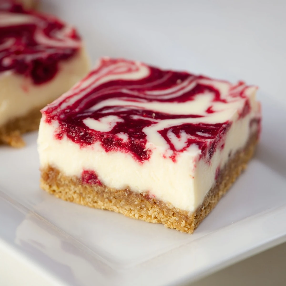 A square of Raspberry White Chocolate Cheesecake Bars, swirled with bright raspberry and rich white chocolate.