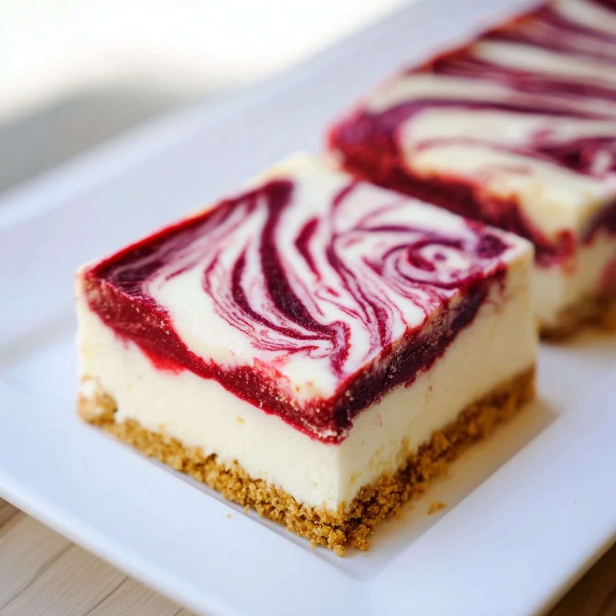 Freshly baked Raspberry White Chocolate Cheesecake Bars with a buttery graham cracker crust, perfect dessert.