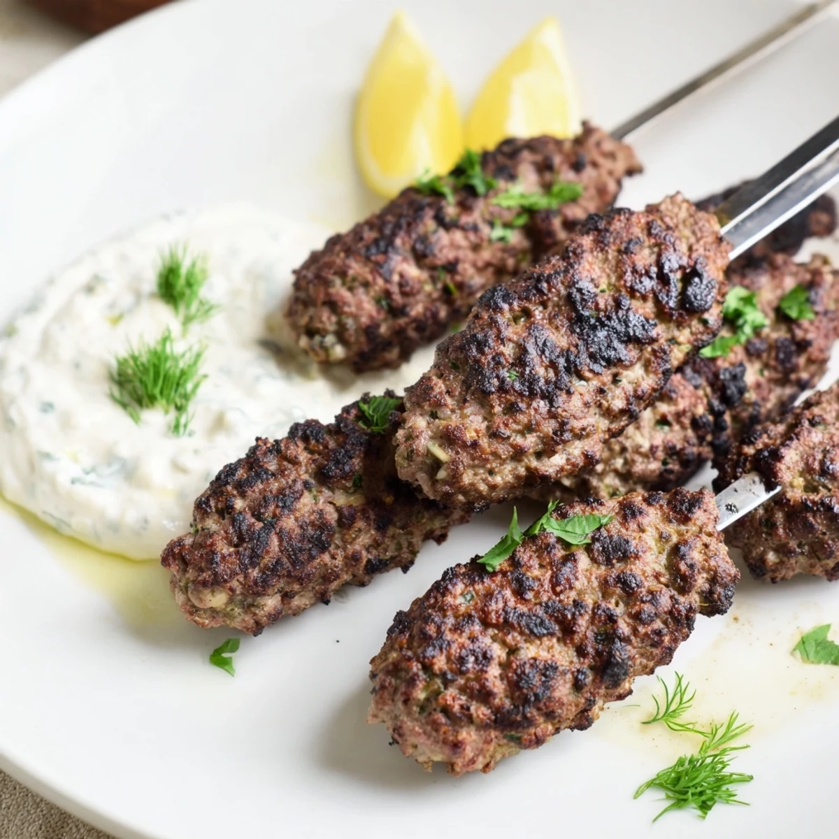 Grilled beef kofta kebabs with vibrant herbs and the cooling cucumber yogurt sauce, a complete meal.