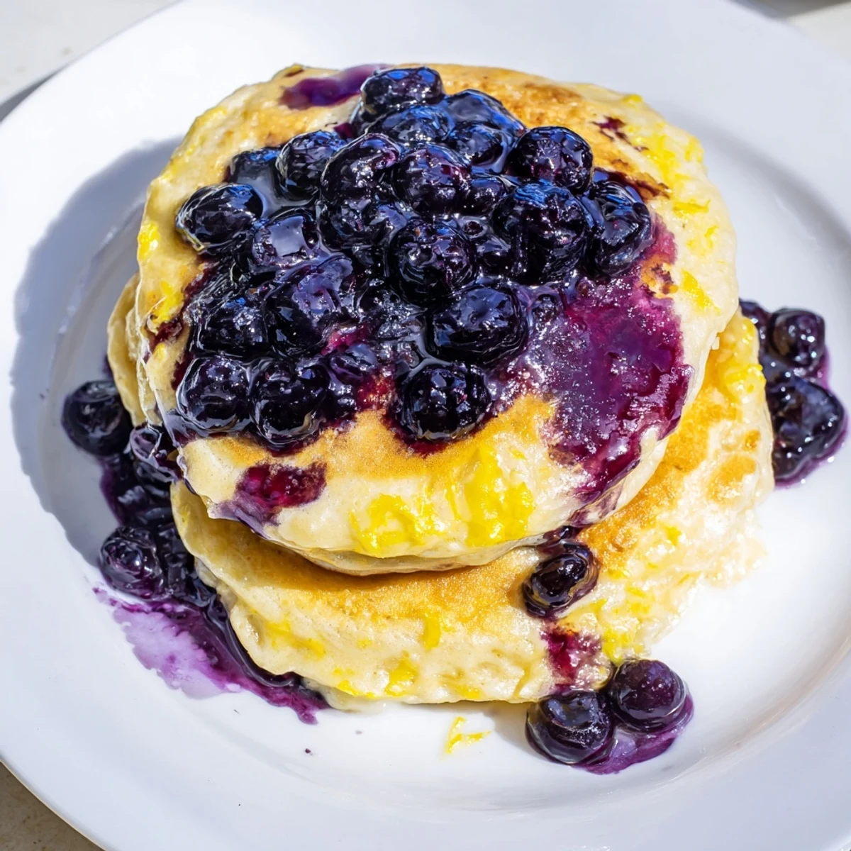 A stack of golden Lemon Ricotta Pancakes, served warm with a sweet, bubbling blueberry syrup.