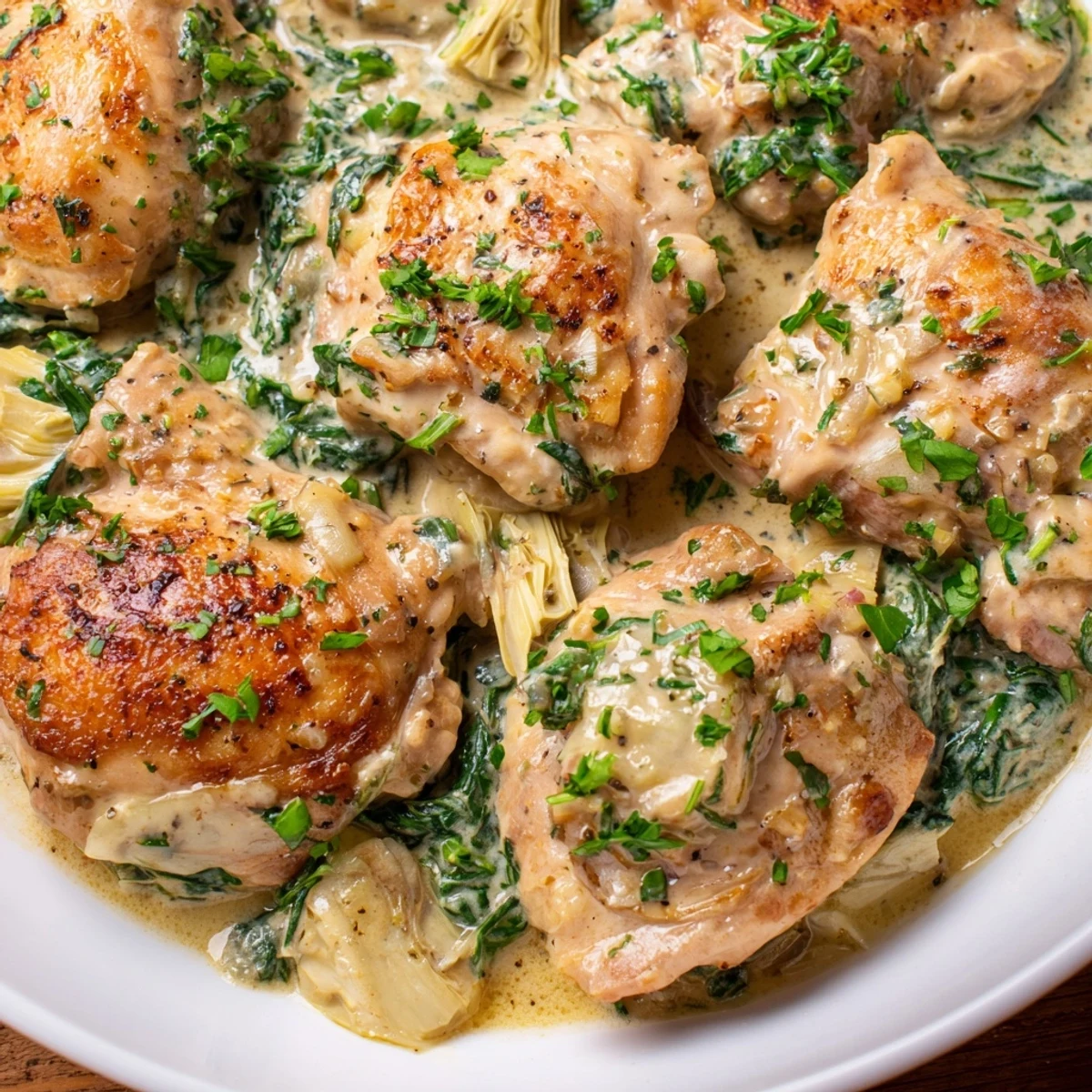 Fresh parsley garnishes the savory Creamy Spinach and Artichoke Chicken Skillet, a flavorful, restaurant-quality meal.