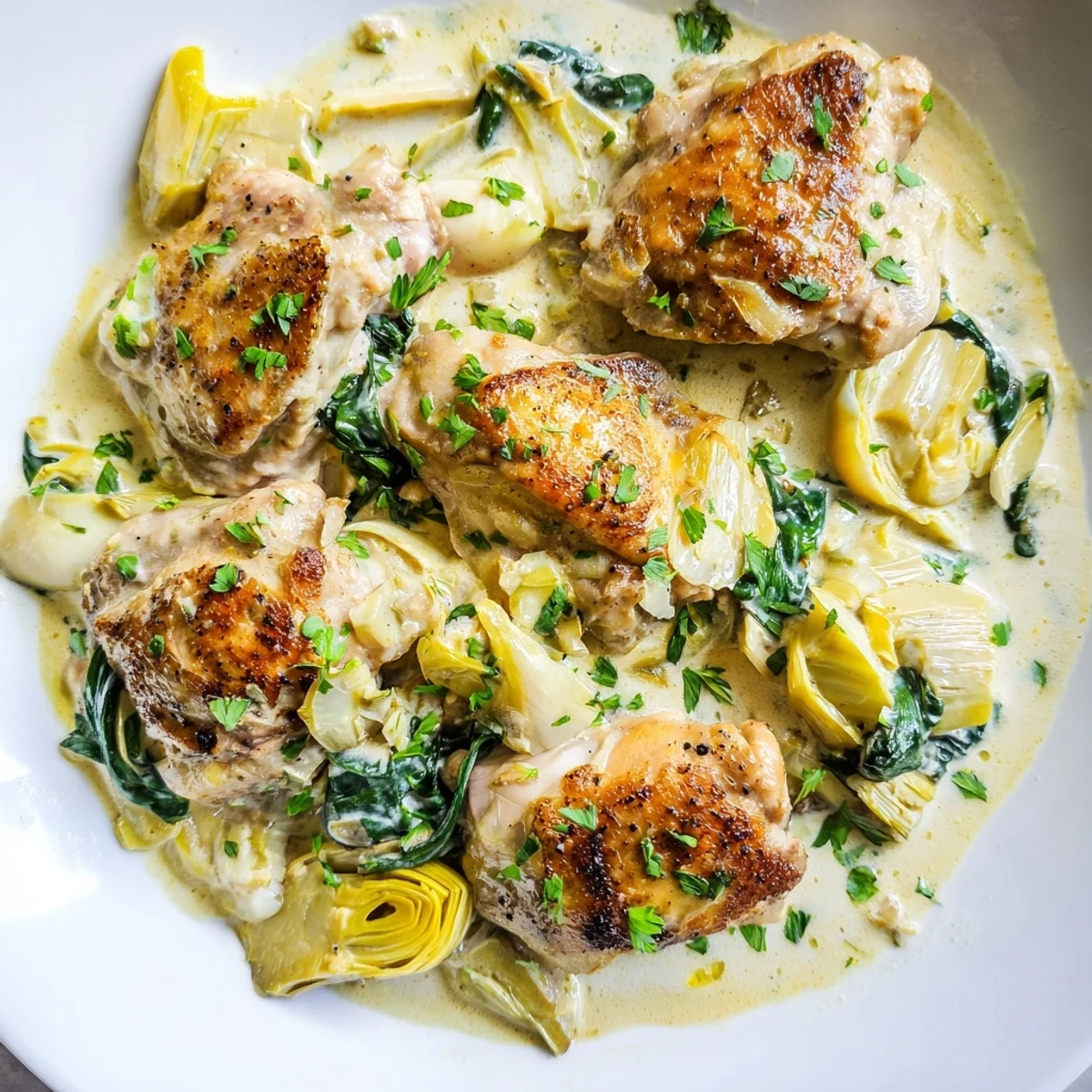 A close-up of Creamy Spinach and Artichoke Chicken Skillet, showcasing tender spinach and cheesy, creamy texture.