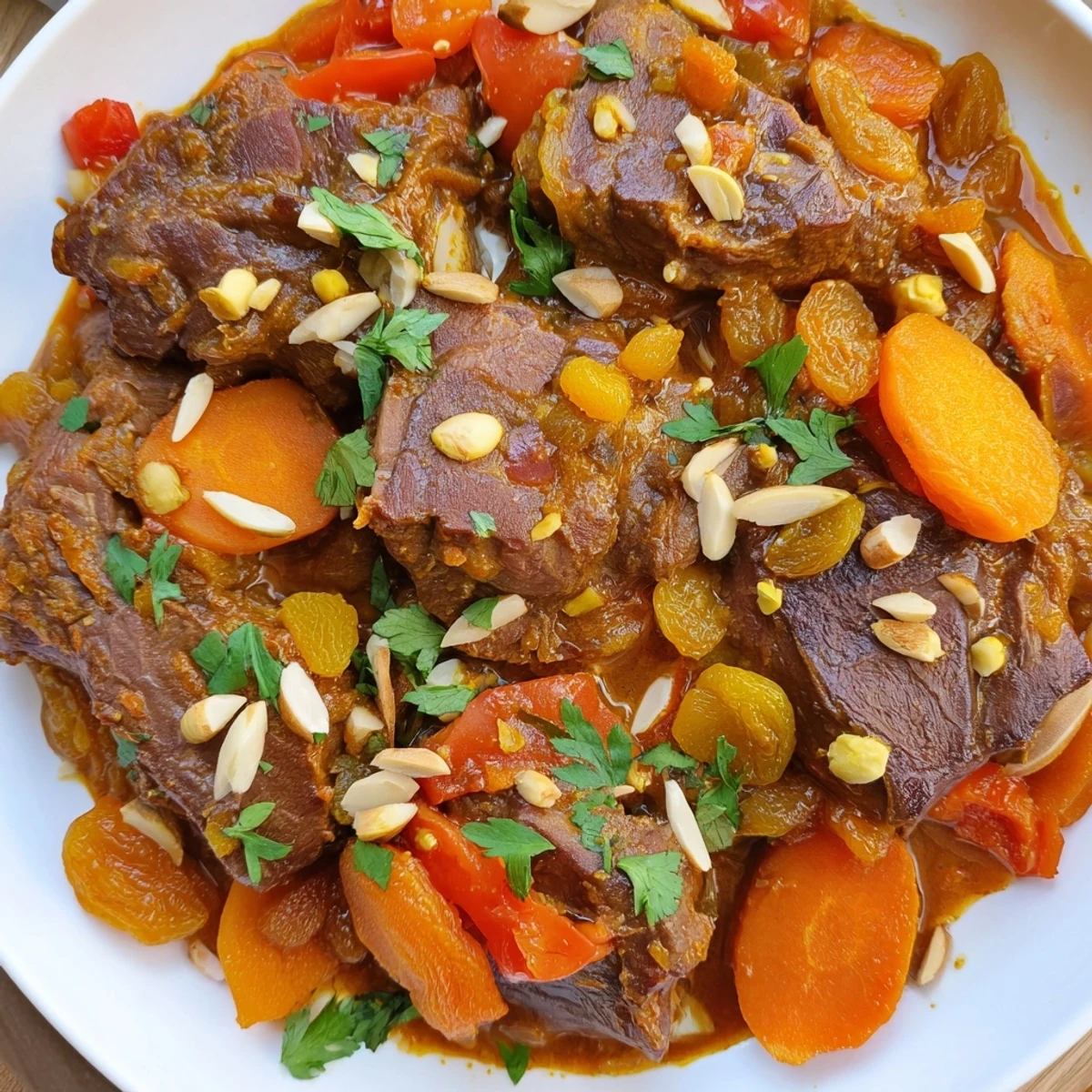 Slow Cooker Moroccan Lamb Tagine, a rich, fragrant stew with tender lamb, carrots, and sweet apricots.