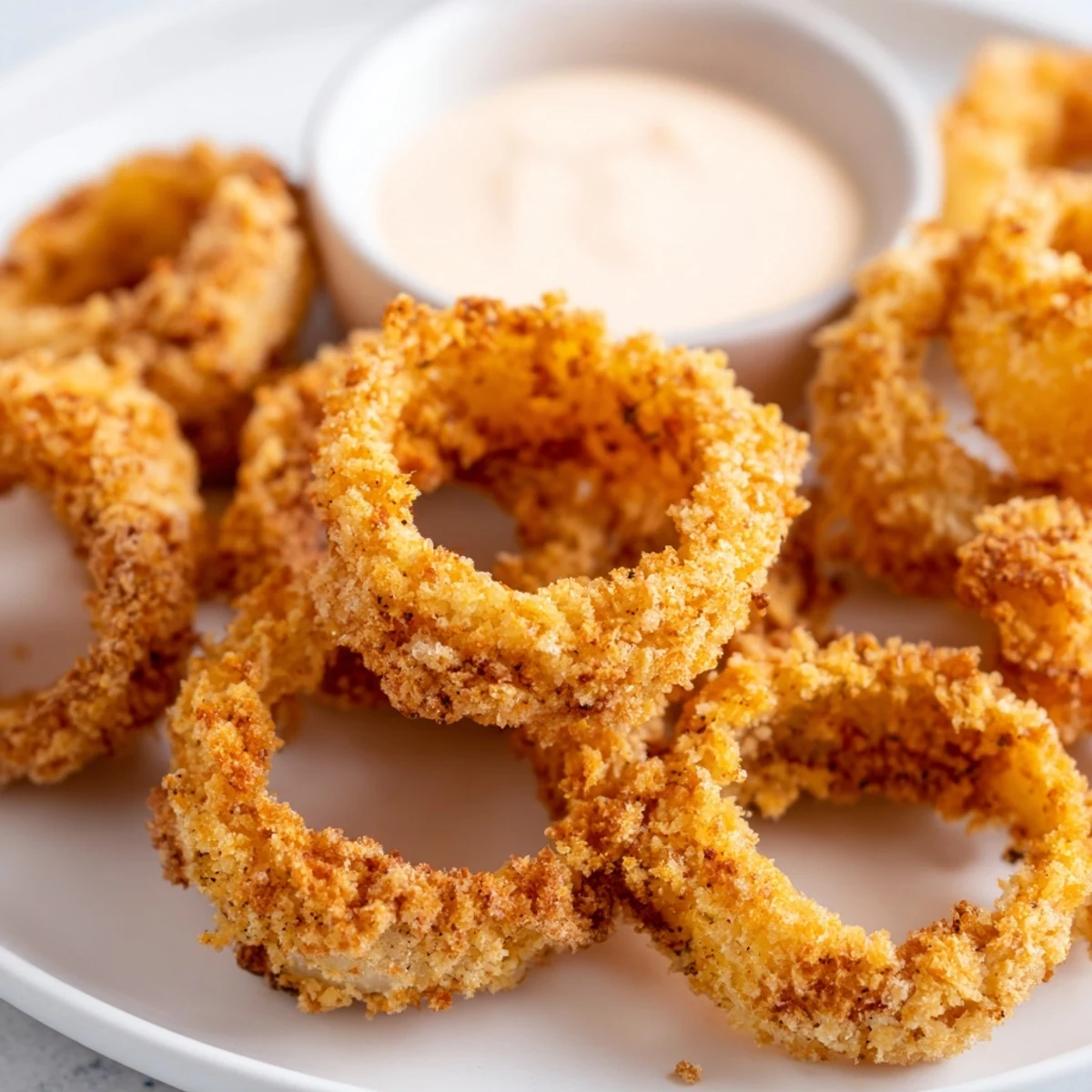 Golden-brown crispy air fryer onion rings ready to be dipped, perfect for an appetizer.