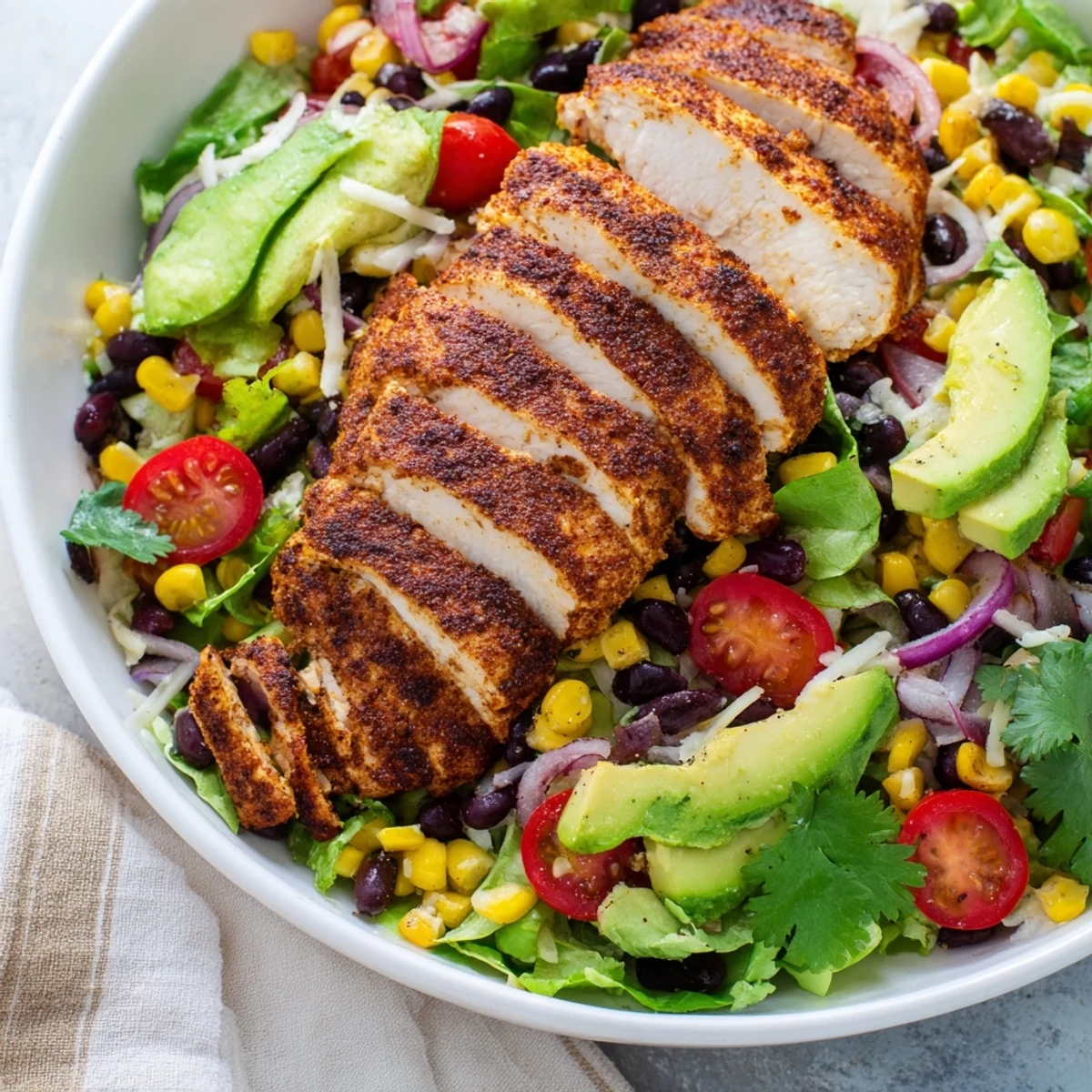 Grilled Southwest Chicken Salad with Lime Dressing: tender chicken slices on a bed of fresh, colorful vegetables.