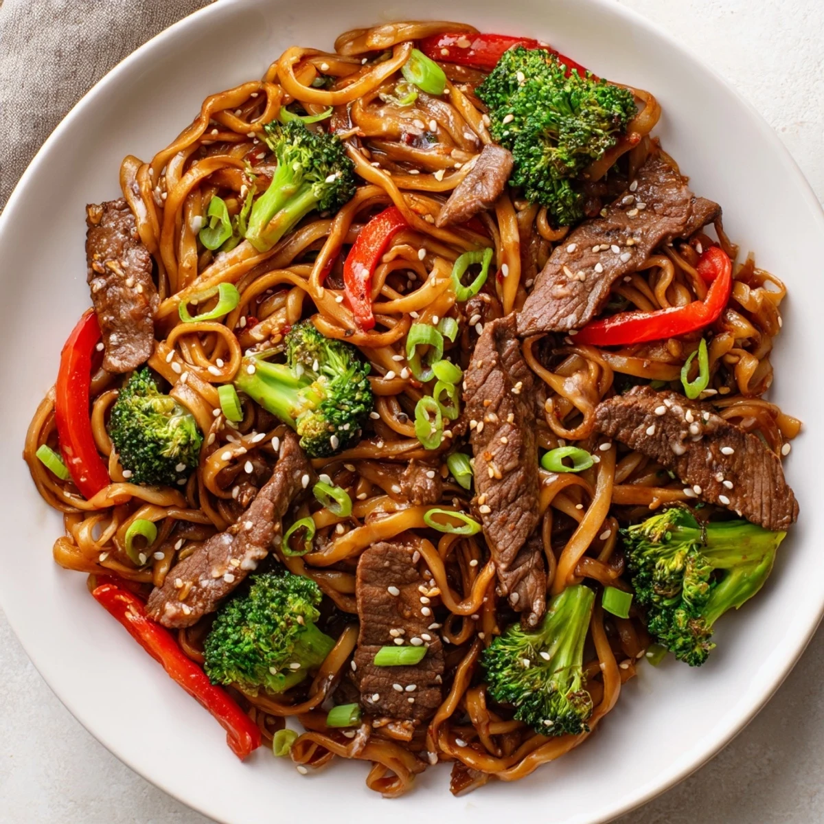 Steaming Beef and Broccoli Lo Mein, a colorful plate of savory noodles with glistening sauce.
