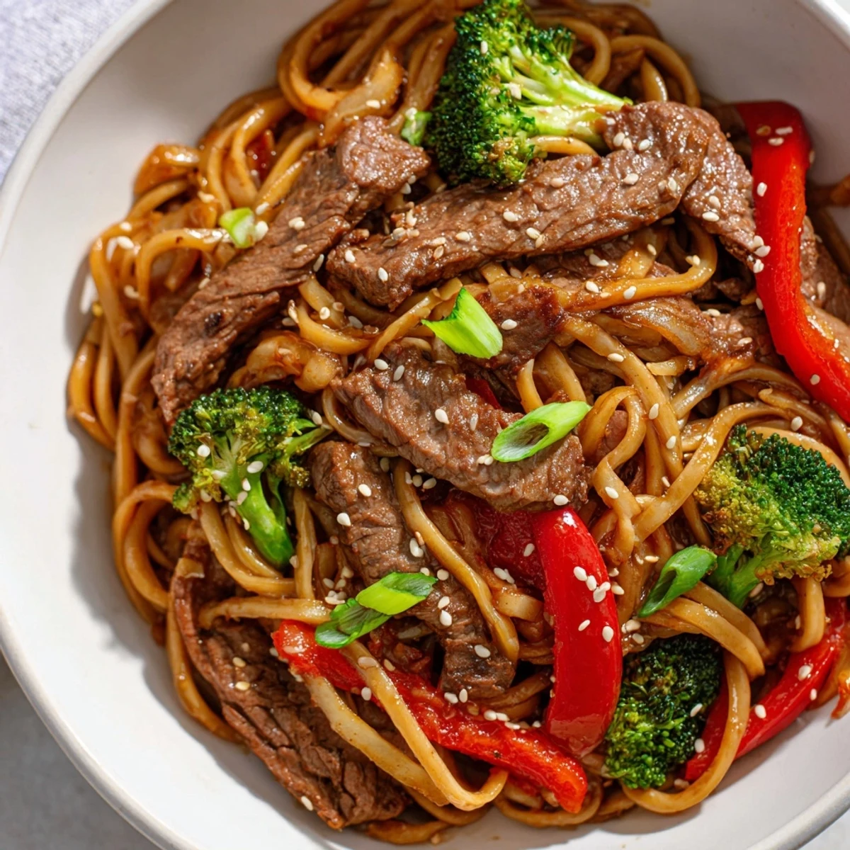 Close-up of Beef and Broccoli Lo Mein, showcasing tender beef and perfectly cooked broccoli florets.