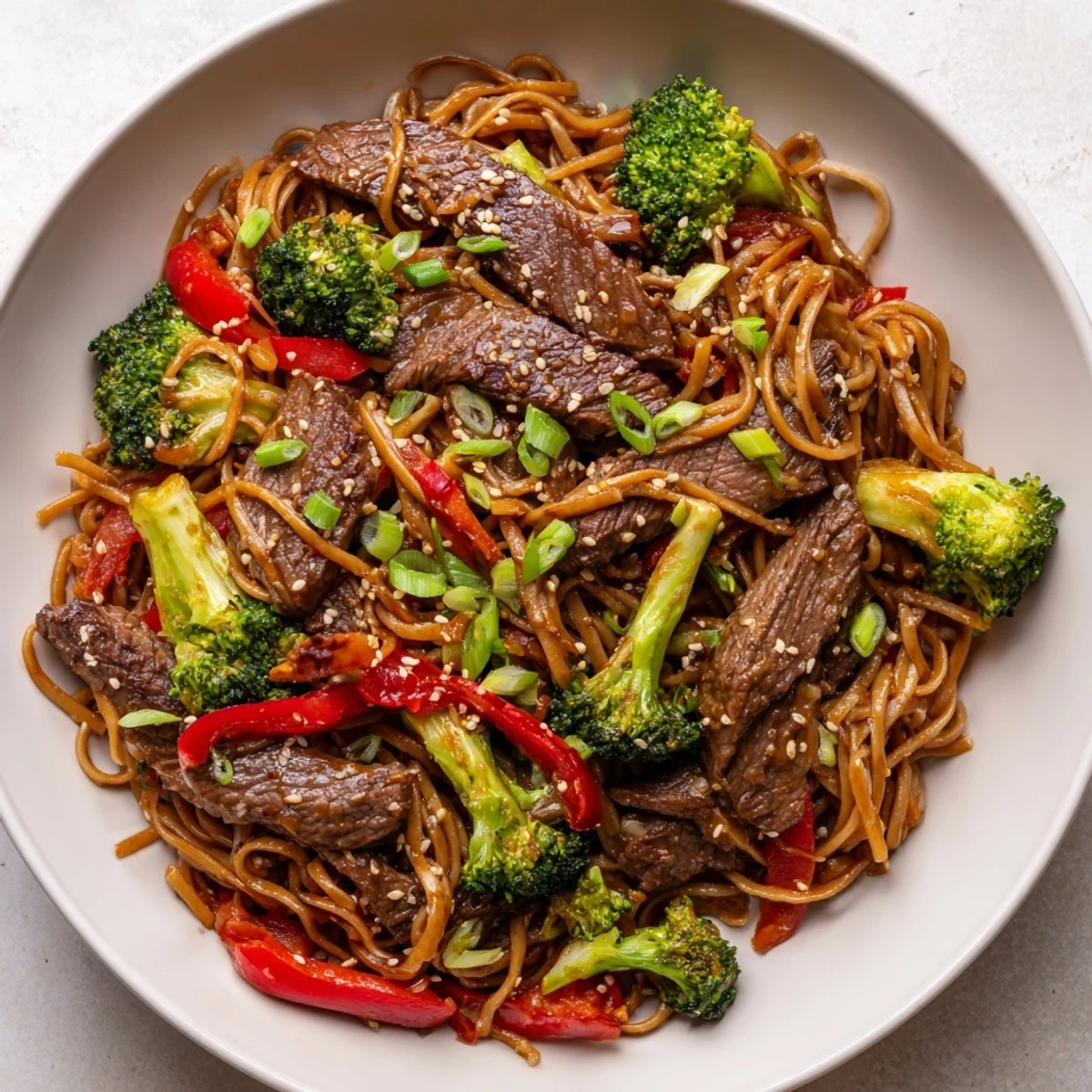 A delicious bowl of Beef and Broccoli Lo Mein, garnished with sesame seeds and fresh sliced green onions.