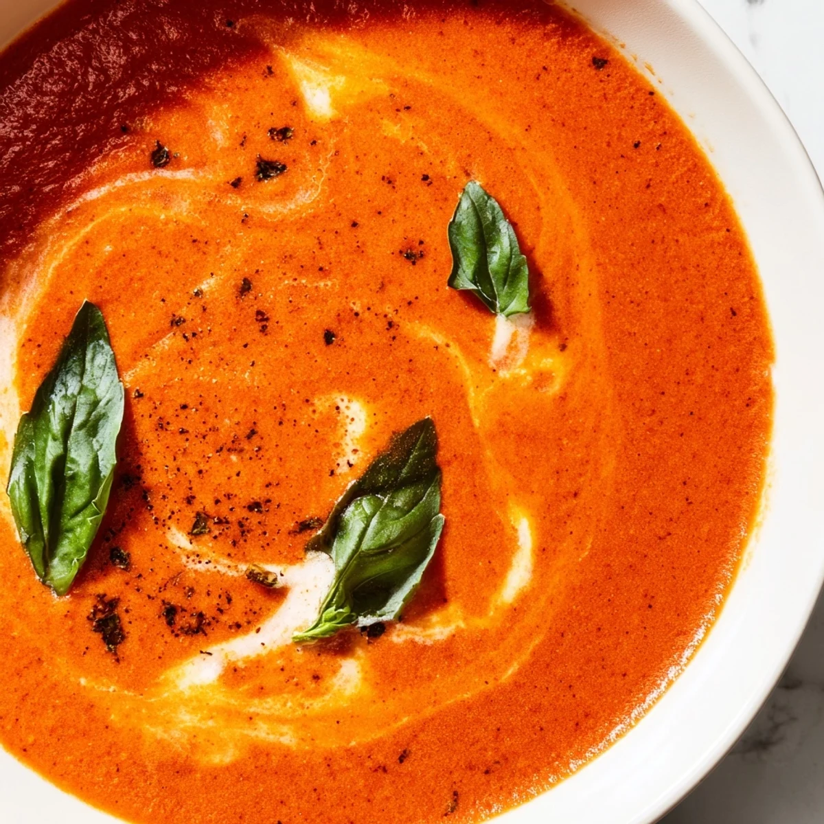 Creamy, vibrant Roasted Garlic and Tomato Basil Soup; observe the rich red color and fresh basil leaves.