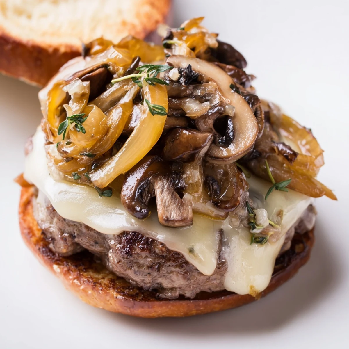 Melted Swiss cheese and caramelized onions top a juicy Mushroom and Swiss Burger on a toasted bun.