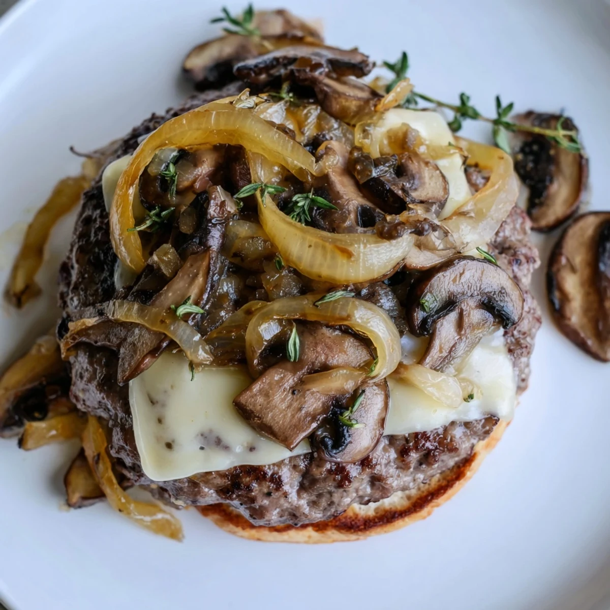 Savory sautéed mushrooms and a beef patty combine in this delicious Mushroom and Swiss Burger; a gourmet meal.