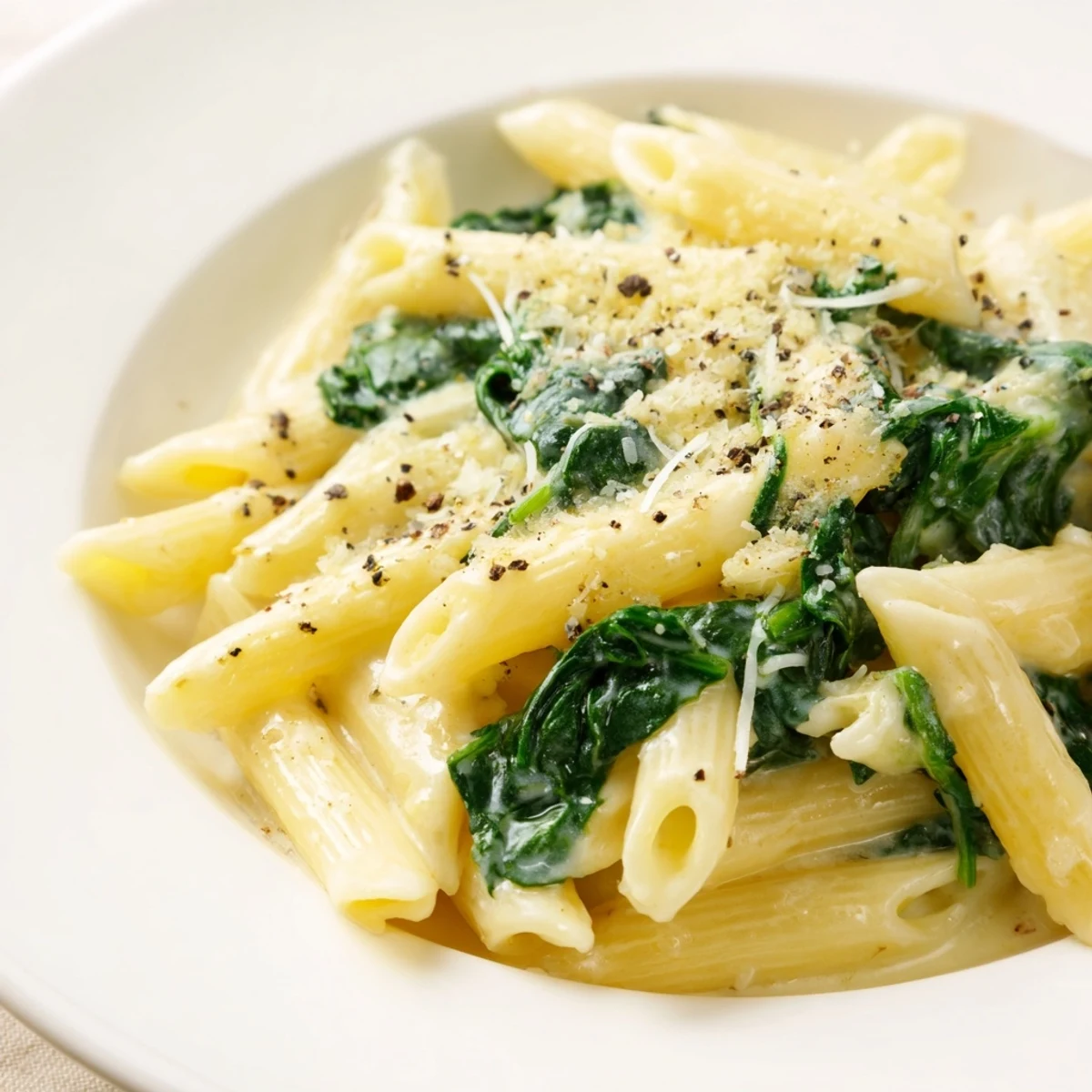 A steaming bowl of Creamy Spinach Pasta, rich with garlic and parmesan, ready to eat.