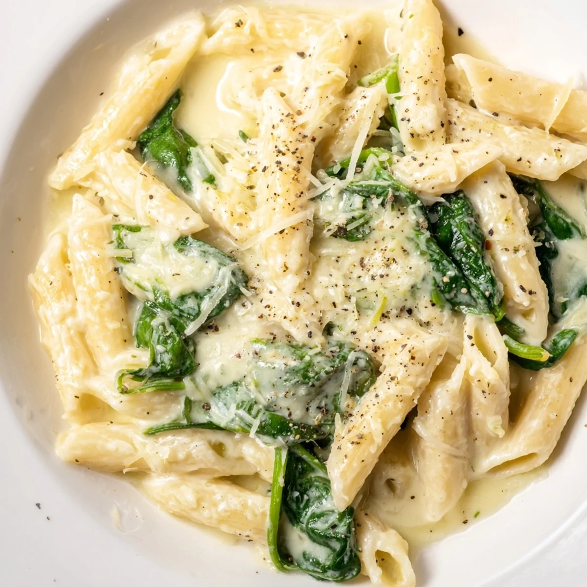 Golden penne pasta coated in a creamy garlic spinach sauce, a delightful Creamy Spinach Pasta dish.
