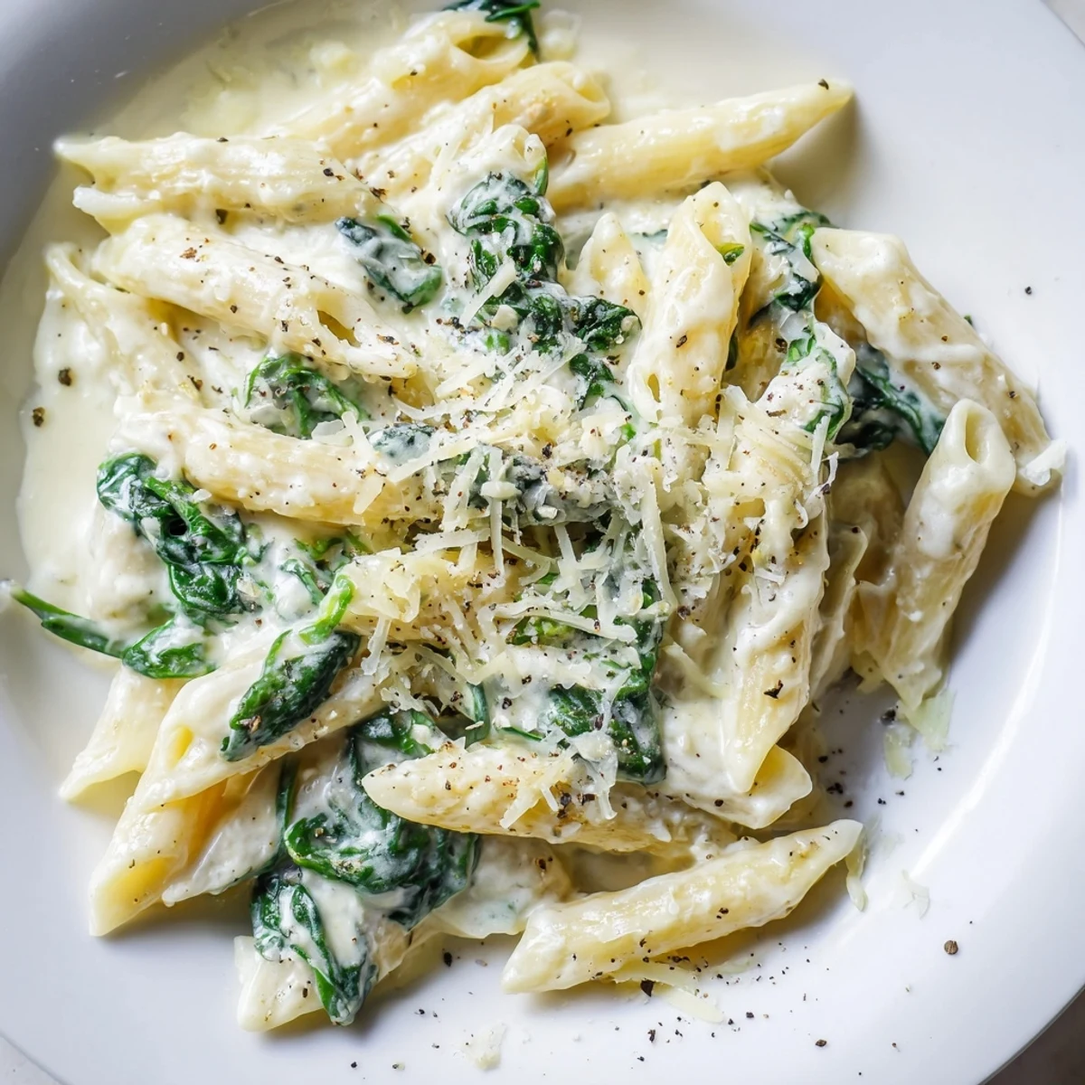 Fresh spinach and parmesan cheese combine in this flavorful Creamy Spinach Pasta, a simple dinner.