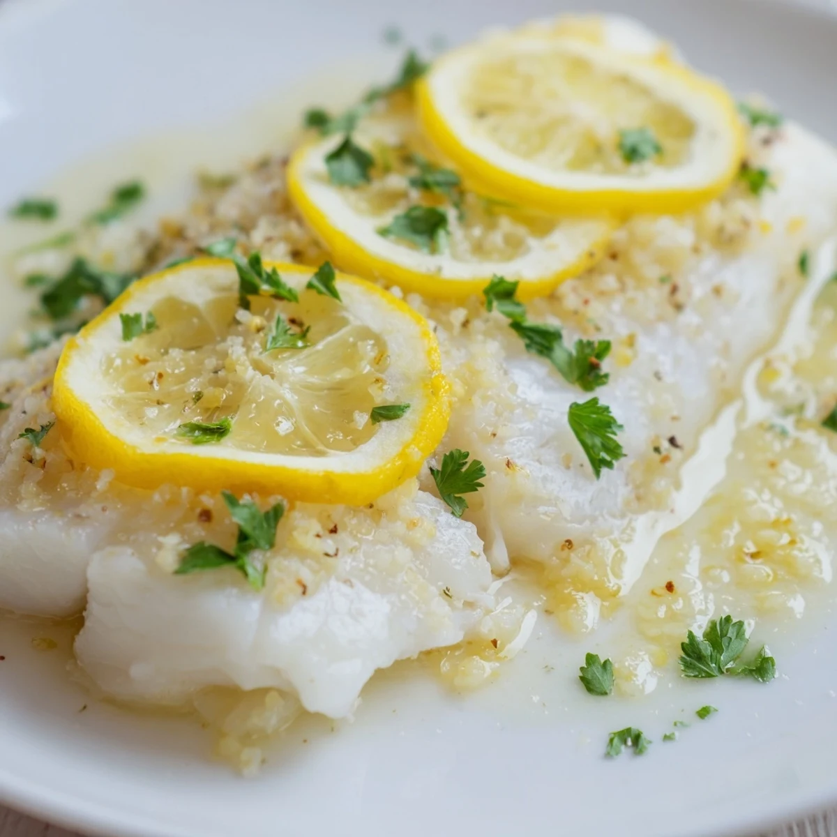 Close-up of baked cod fillets: flavorful, moist, and cooked in a lemon and butter glaze.