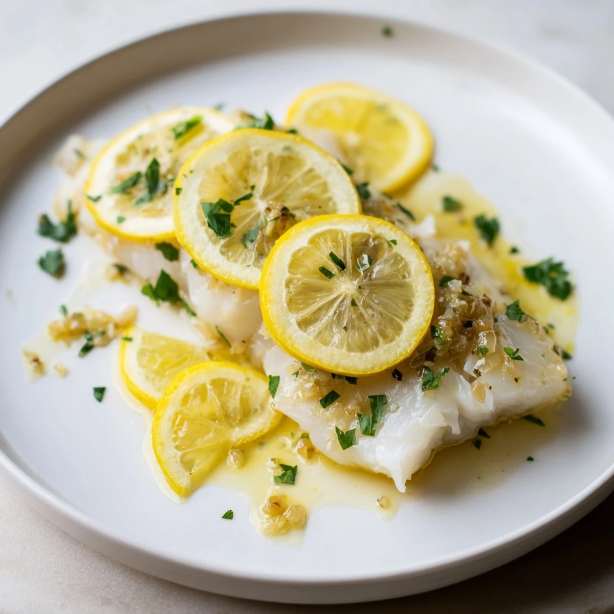Golden, flaky Baked Cod with Lemon and Butter, glistening with a bright, melted butter sauce.