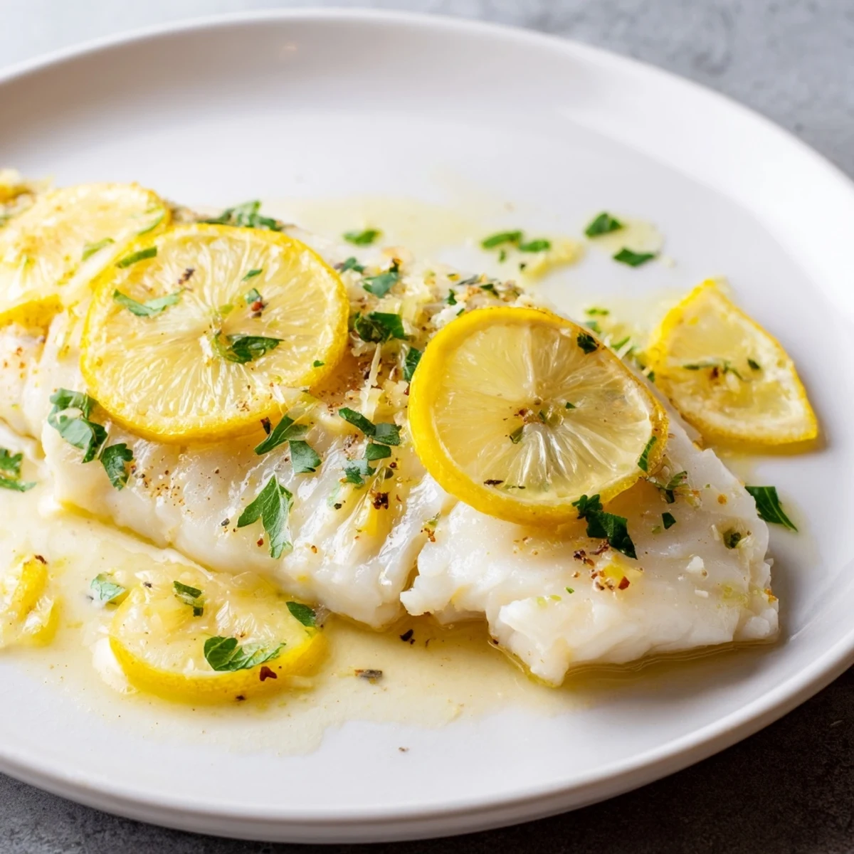 Elegant Baked Cod with Lemon and Butter featuring garnished parsley and lemon wedges, ready to serve.