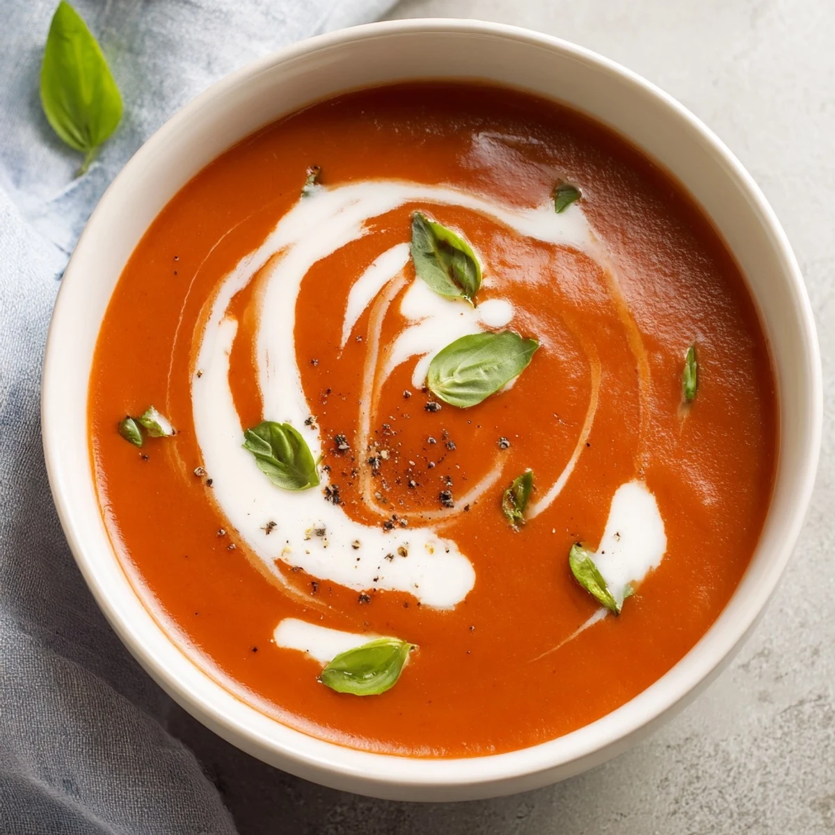 Warm bowl of creamy tomato soup with basil, garnished with fresh basil leaves.