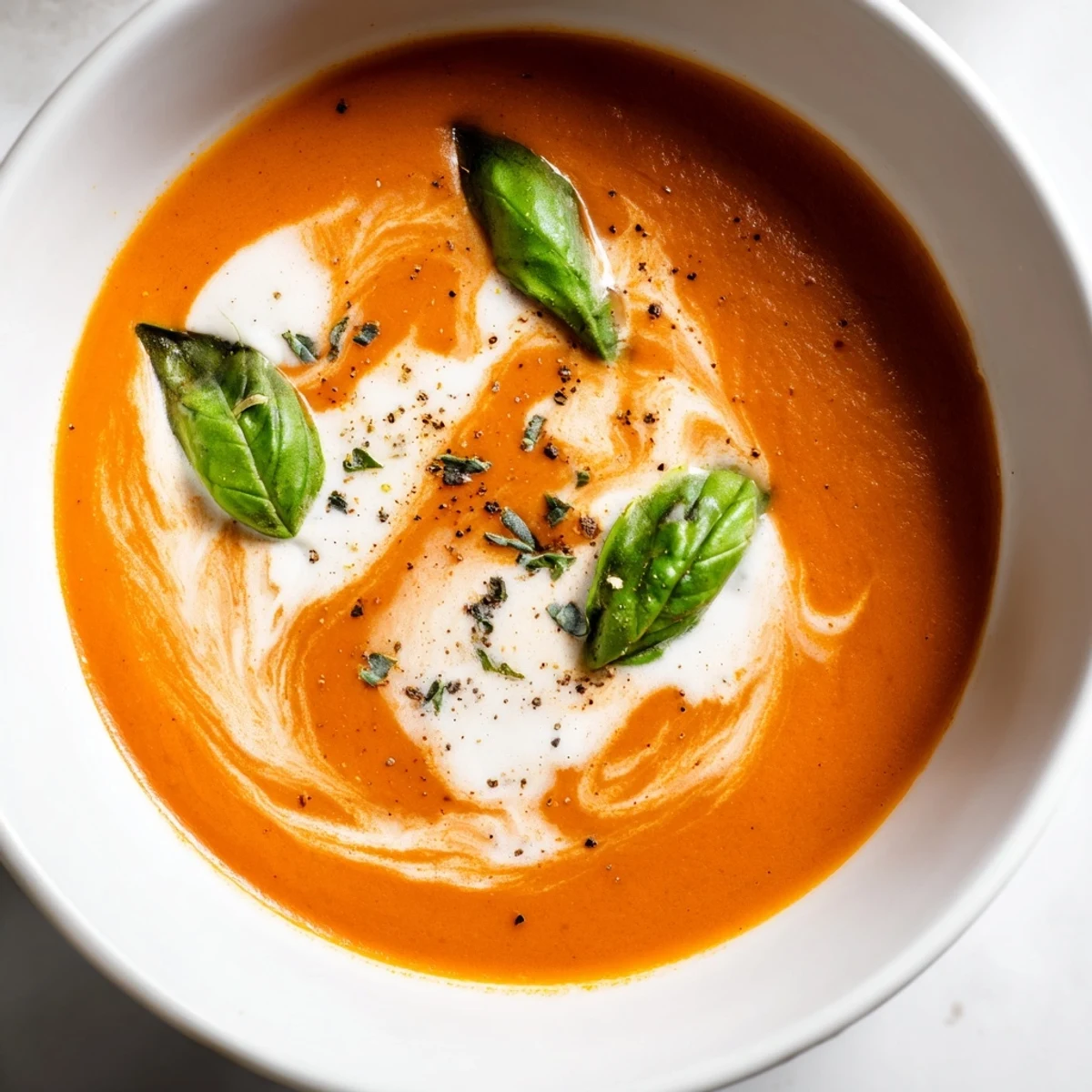 A close-up of a steaming bowl of homemade creamy tomato soup, vibrant red.