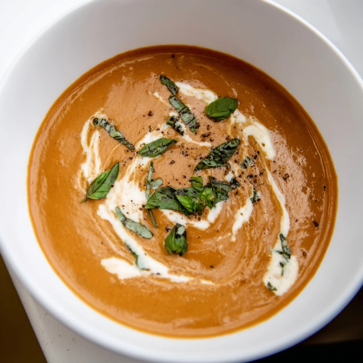 Enjoy a spoonful of rich creamy tomato soup with basil; a perfect, simple lunch.