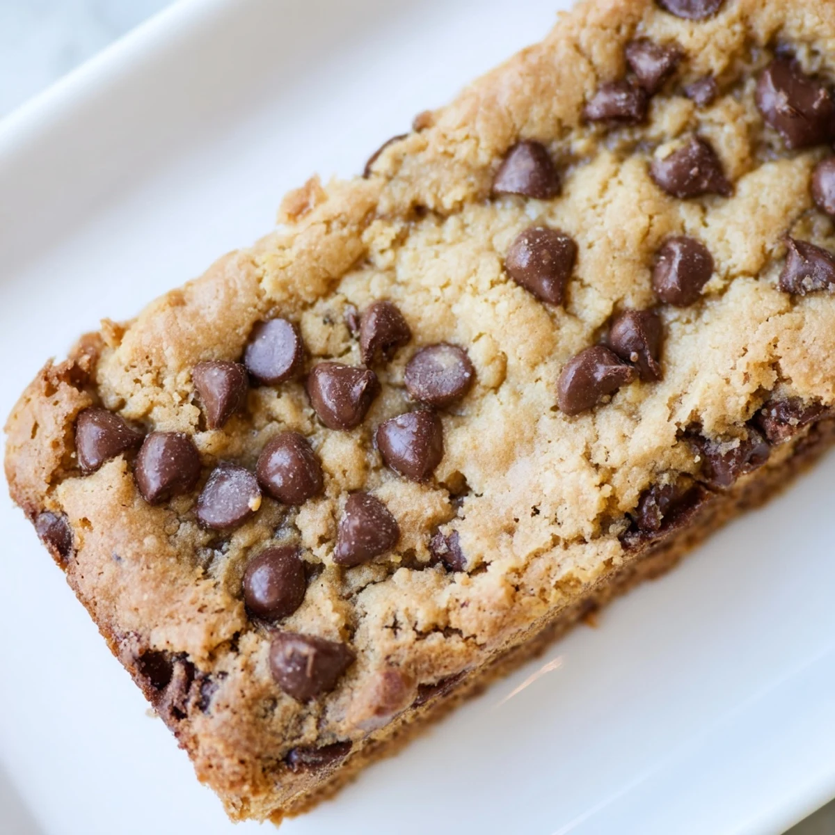 A pan of golden brown chocolate chip cookie bars, a perfect, easy dessert for any occasion.
