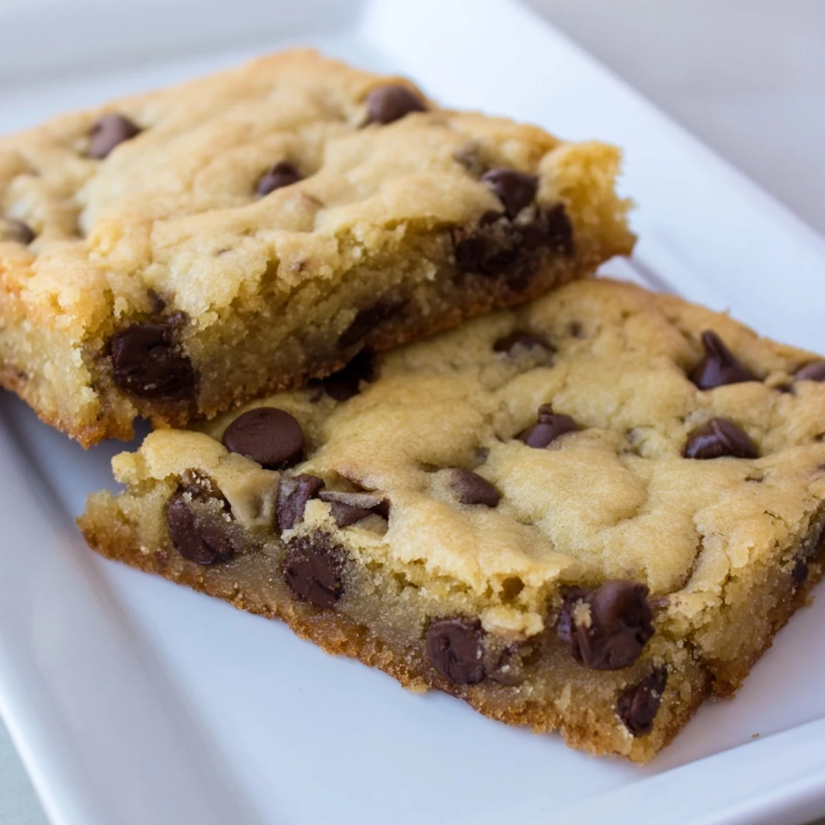 Close-up of baked, chewy chocolate chip cookie bars, studded with rich, melty chocolate chips.