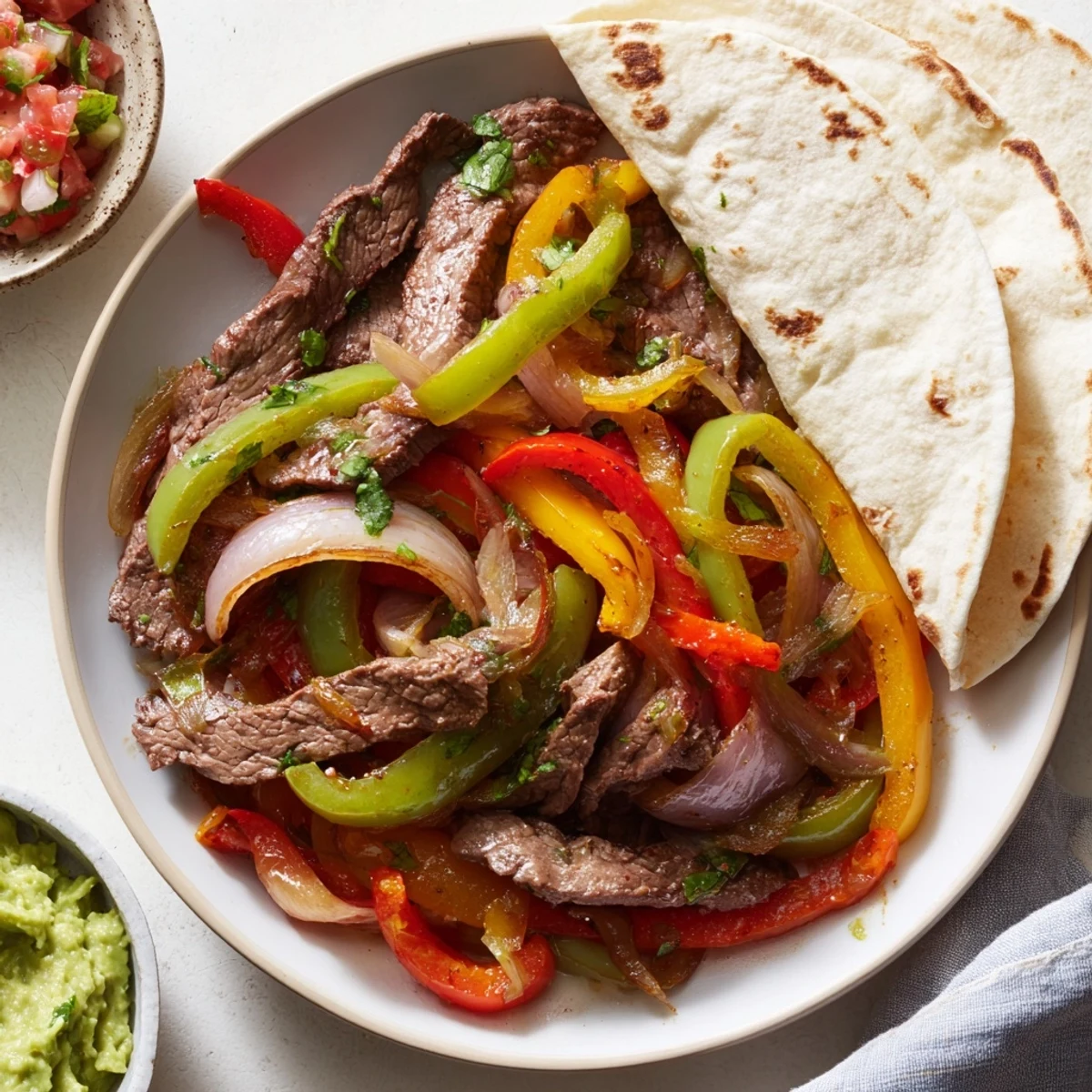 Sizzling beef fajitas with guacamole: tender strips of beef and colorful peppers served with creamy guacamole.
