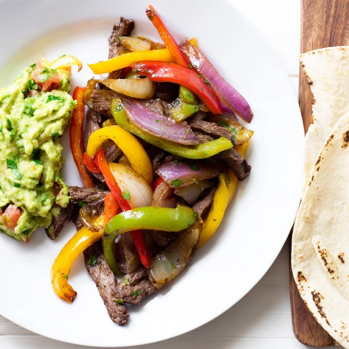 Enjoy delicious and flavorful beef fajitas; imagine the charred peppers and tender beef alongside guacamole.