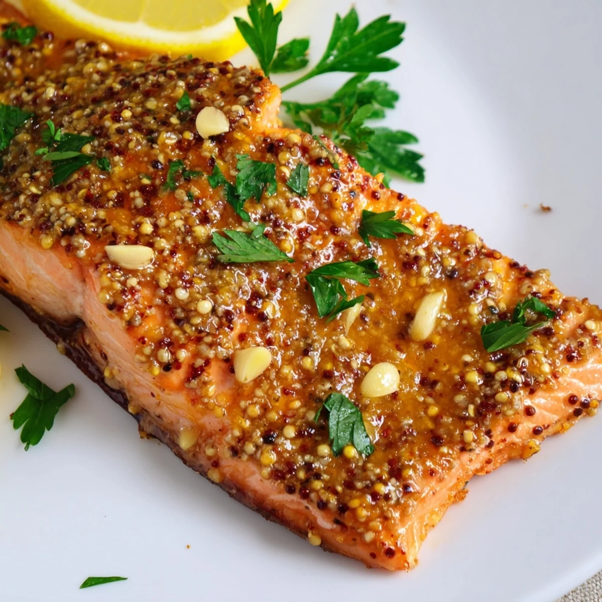 Golden, flaked baked salmon with honey mustard glaze, ready to serve with fresh parsley and lemon.
