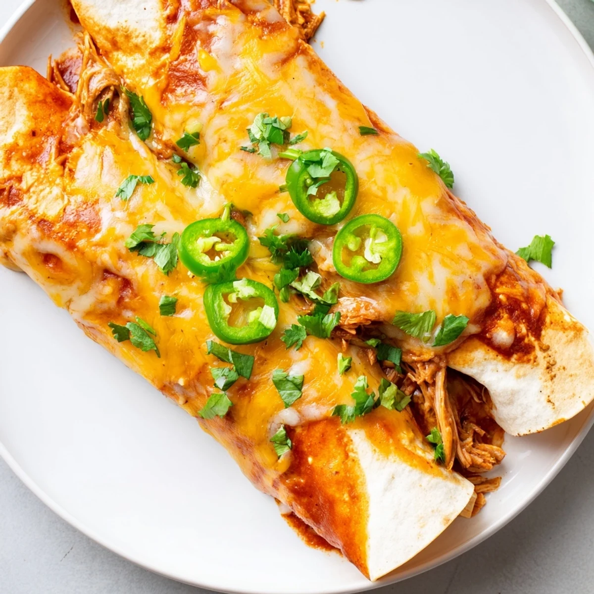 Steaming Beef Enchiladas with Green Sauce, melting cheese atop each roll and flavorful beef inside.