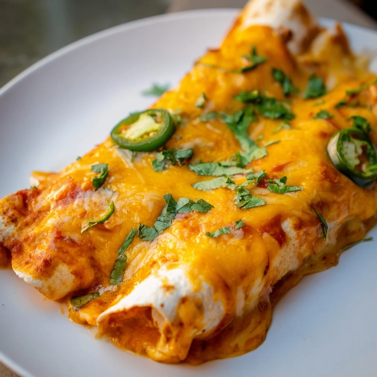 A close-up of baked Beef Enchiladas with Green Sauce, bubbling cheese and sprinkled cilantro garnish.