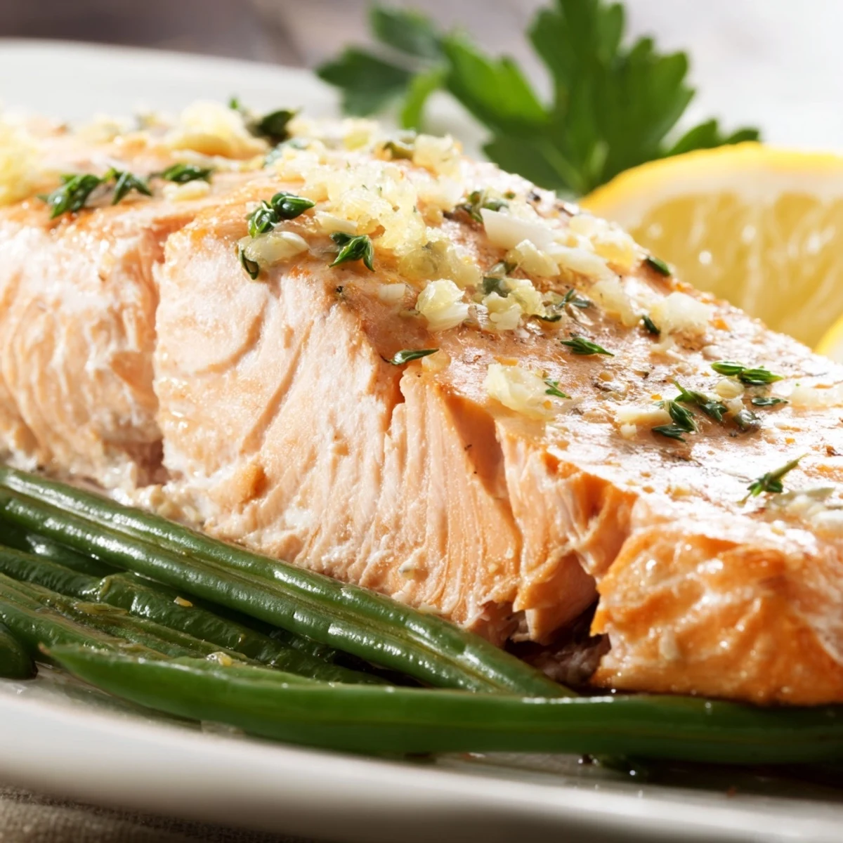 Vibrant Sheet Pan Salmon and Green Beans with Lemon fillets roasted next to crisp green beans on a lined baking sheet.